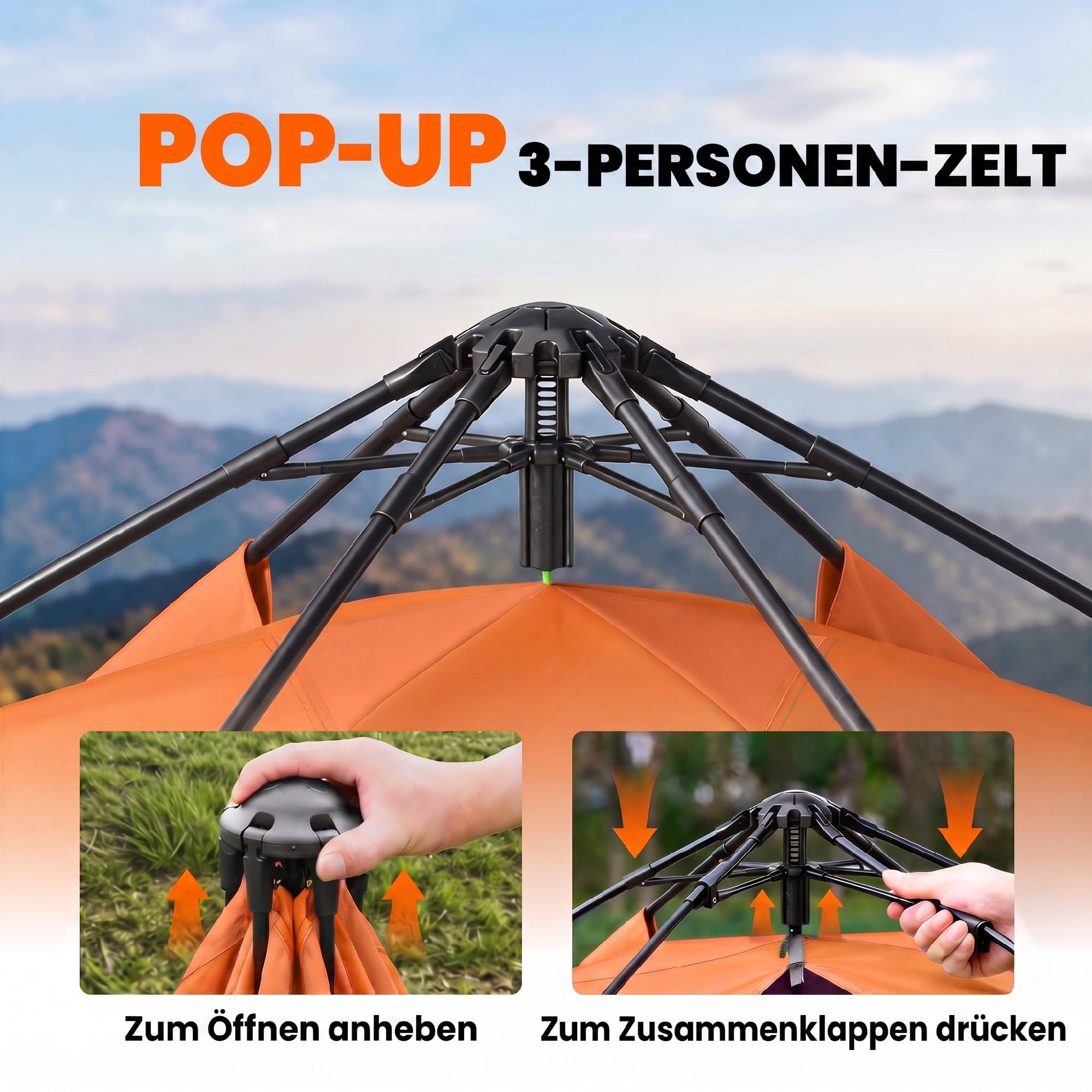 Outsunny Instant-Pop-Up-Zelt Zelt für 4 Personen, mit Bodenplane 2 Türen | Outdoor Familienzelt wasserdicht sechseckig 4 Jahreszeiten Kuppelzelt mit Moskitonetz Tragetasche Orange