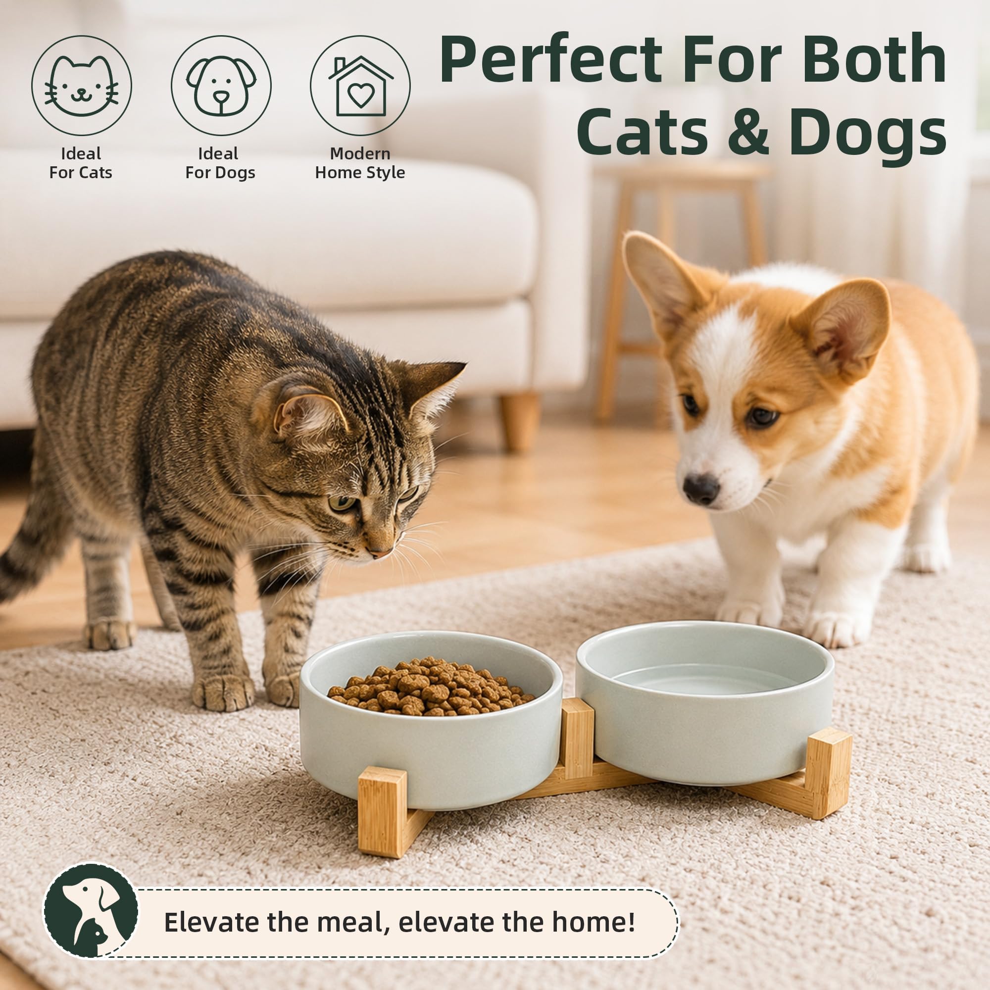 Casfuy Gamelle double antidérapante en céramique pour chien et chat avec support en bambou, 1,7 tasse