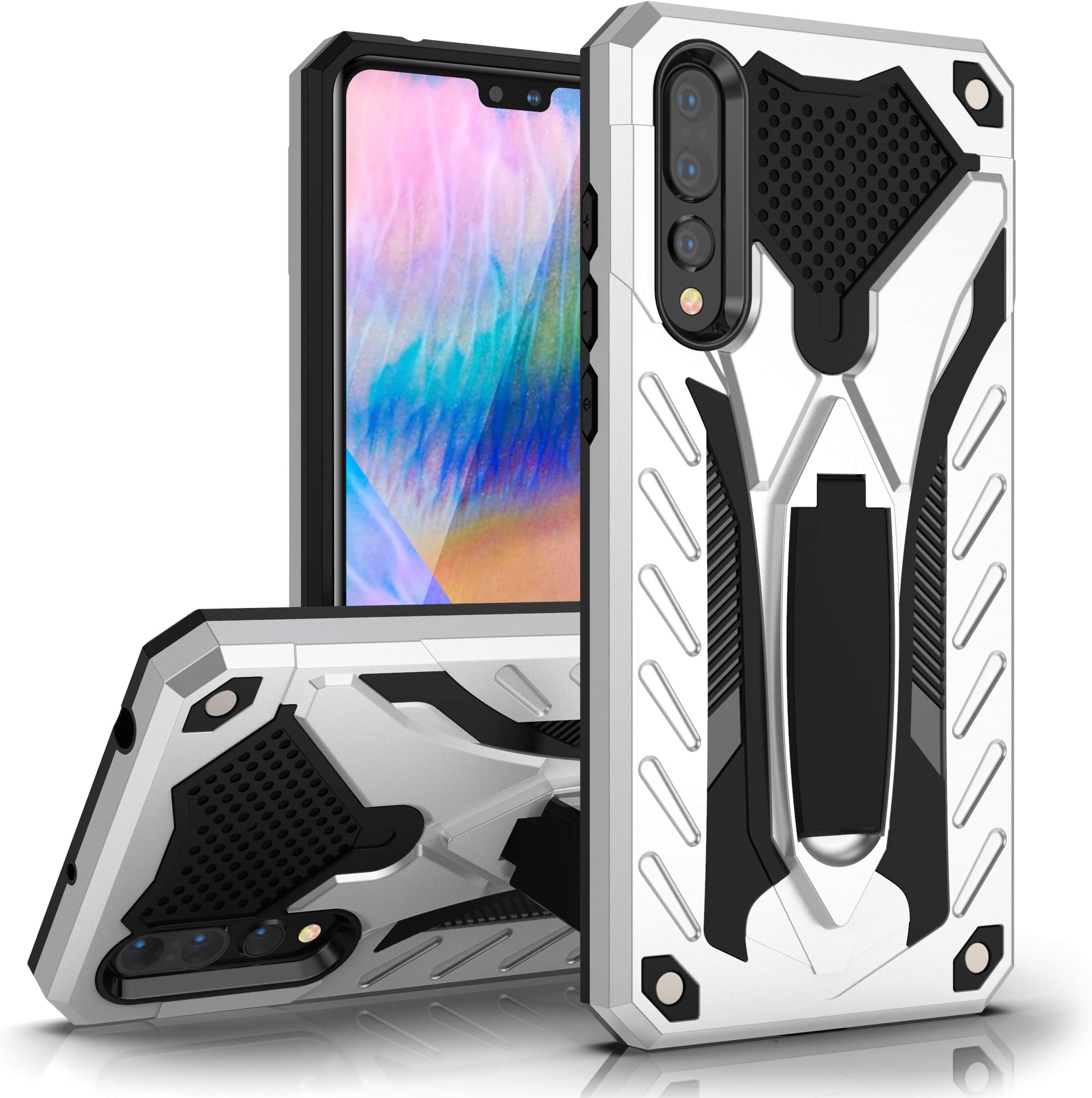 MILAN NICE Phone Case for Huawei P20 Pro Heavy Duty Protective Hard Cover Shockproof Certified with Drop Tested with Smartphone Kickstand (Silver)