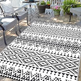 Alfombra impermeable para exteriores, 1.5 x 2.4 m, bohemia, reversible, de plástico, para patio, caravana, terraza, porche, patio, balcón, camping, picnic, playa, interior y exterior, color blanco y