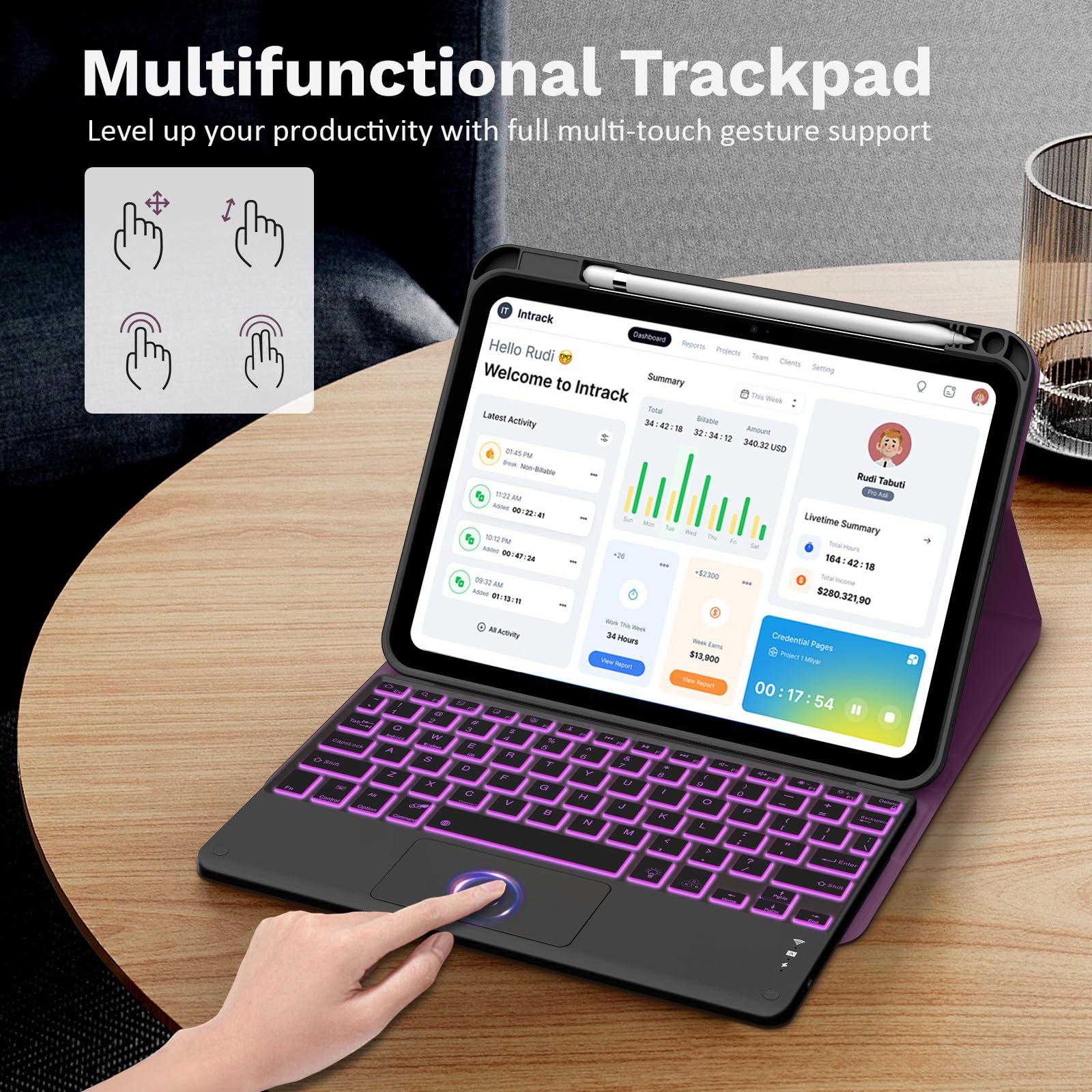 MoKo Touch Keyboard Case for iPad (A16) 11th/10th Gen,Viola | 7 Colors Backlit, Multi-TrackPad, with Pencil Holder, Auto Wake/Sleep, Compatible with iPad 11 inch 2025, iPad 10.9 inch 2020