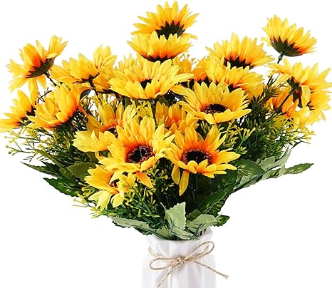 Beferr Ramo de girasol artificial para siempre, ramo de flores amarillas, hojas verdes de Helianthus para el arte, decoración del hogar, oficina,