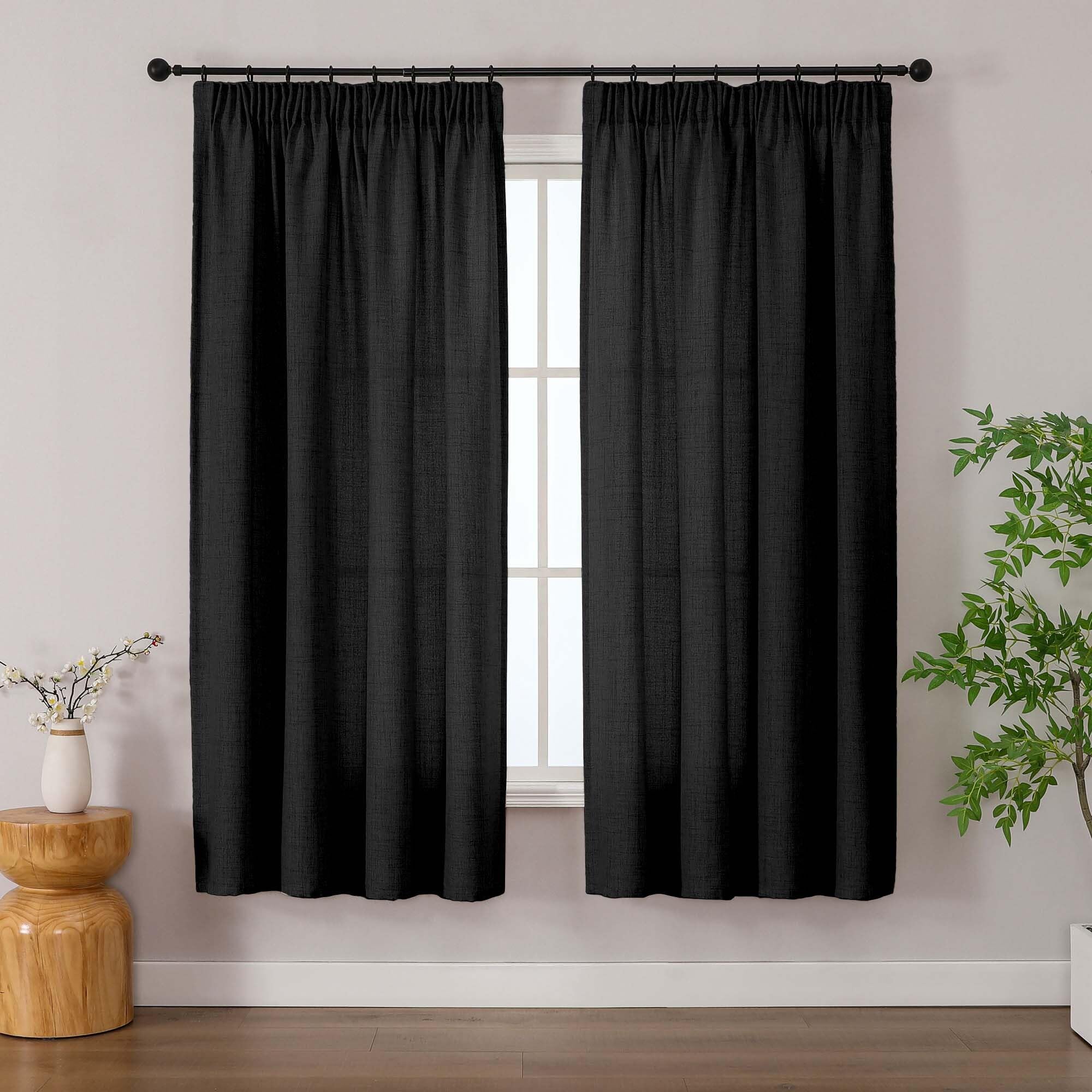 Simplebrand Schwarz Gardinen mit Kräuselband in Leinenoptik - Gardinen in Leinenoptik 2 Stücke, halbtransparent für Wohnzimmer, durchsichtige Gardinenschals mit Kräuselband, 140 x 175 cm