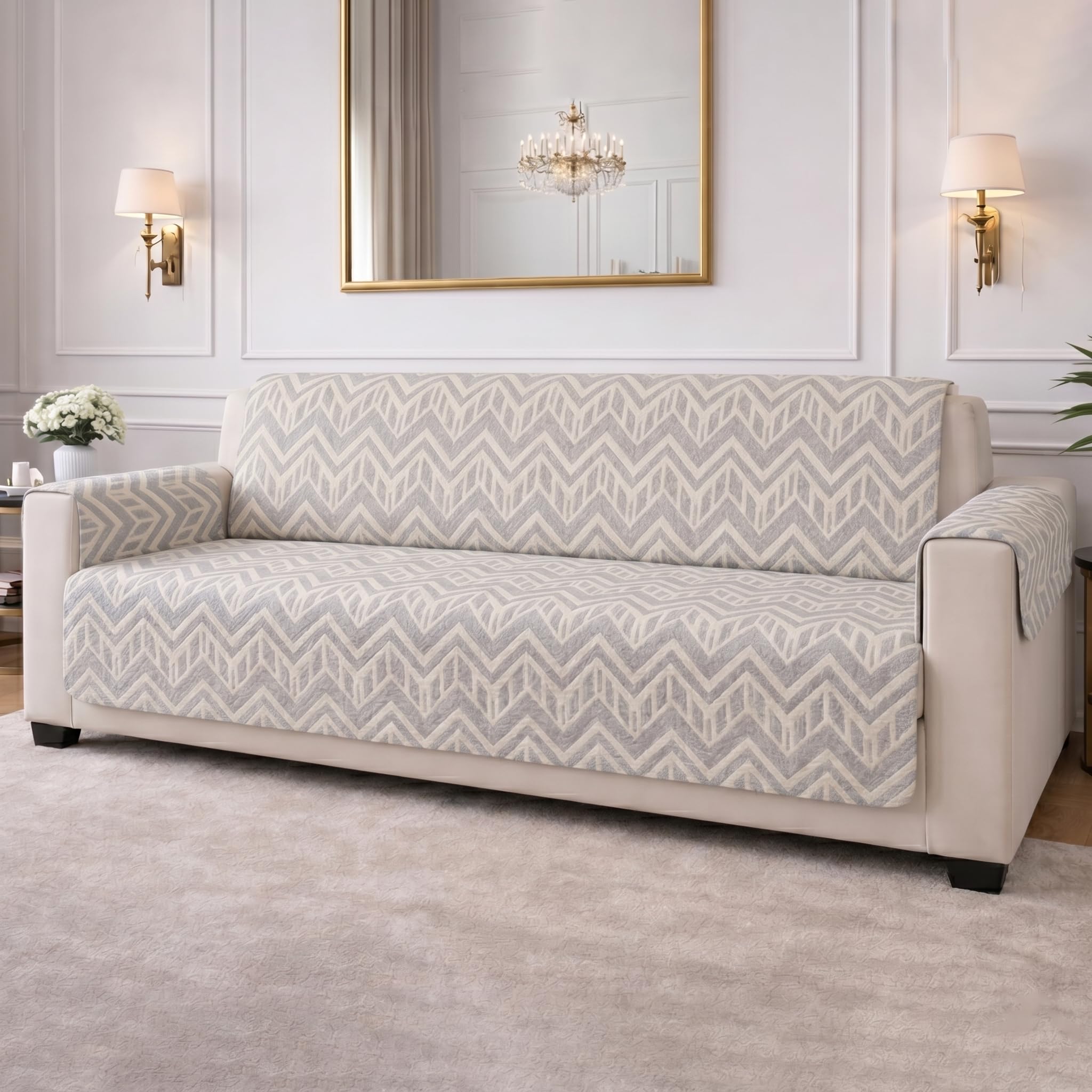 STITCHNEST 'CloudFeel Series' Quilted Printed Velvet Sofa Cover for 1 Seater | Premium Soft Velvet Sofa Protector | Grey Chevron Geometric Design with Armrest Pockets | Furniture Cover