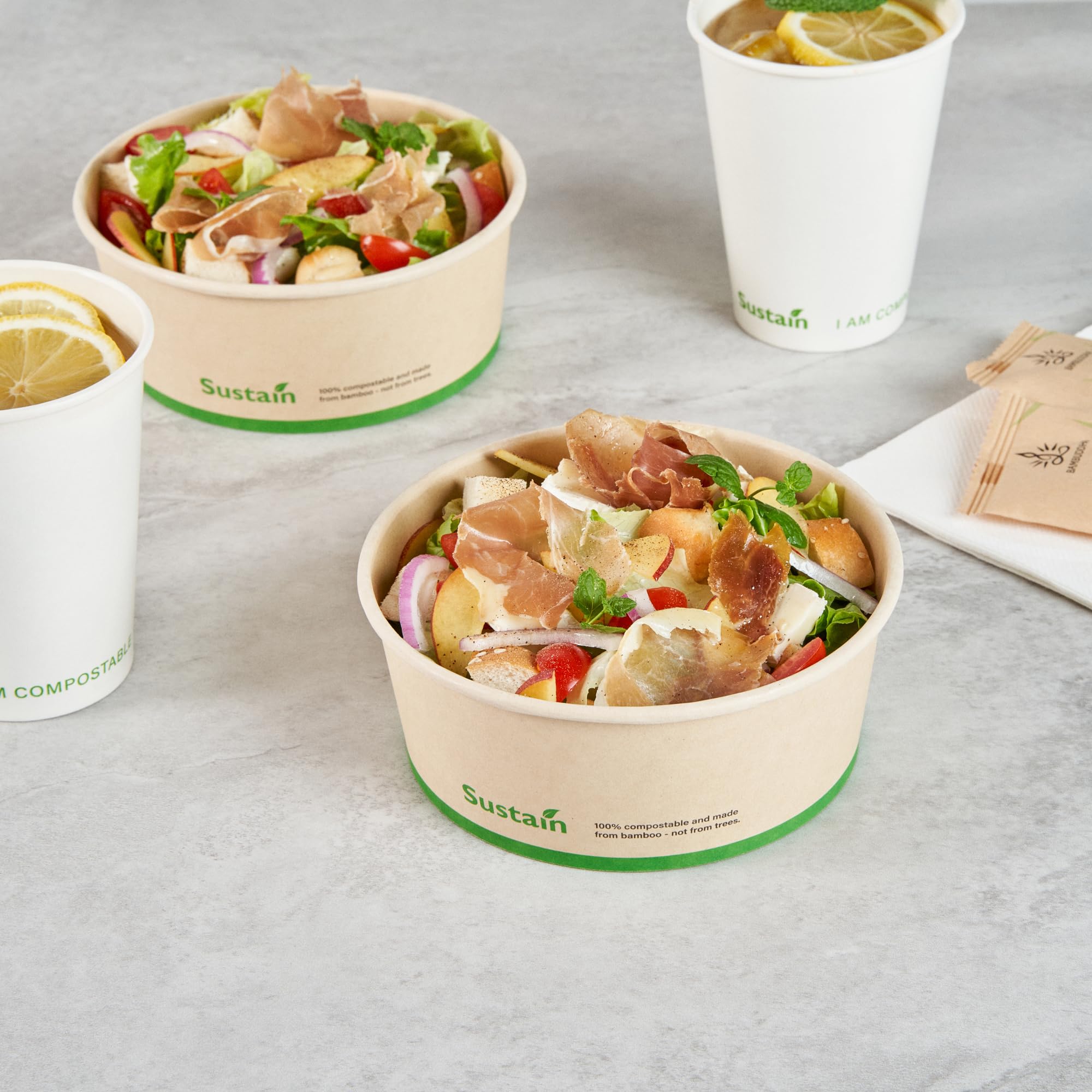 Restaurantware - Cajas de papel resistentes de 25 onzas, 50 recipientes redondos para alimentos, con forro de ácido poliláctico, compostables, contenedores de papel de bambú, desechables, a prueba de