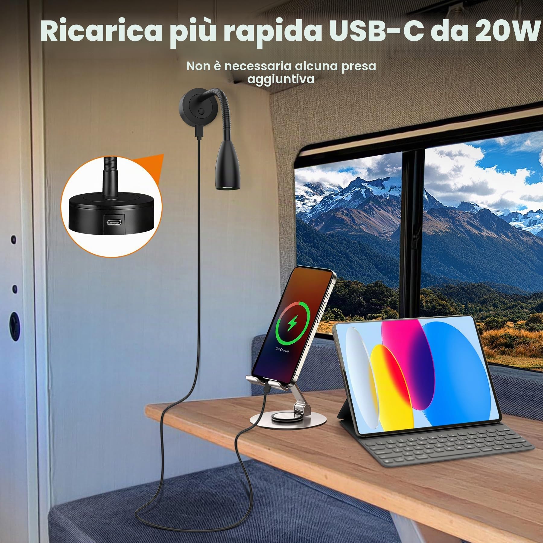 2 Pezzi Lampada da Lettura LED 12-24V – Flessibile Collo di Cigno, Dimmerabile, 20W Tipo-C, Luce Rossa Ausiliaria, Perfetta per Camper, Barca, Yacht, Traghetto, Autobus (Nero, 4000K)