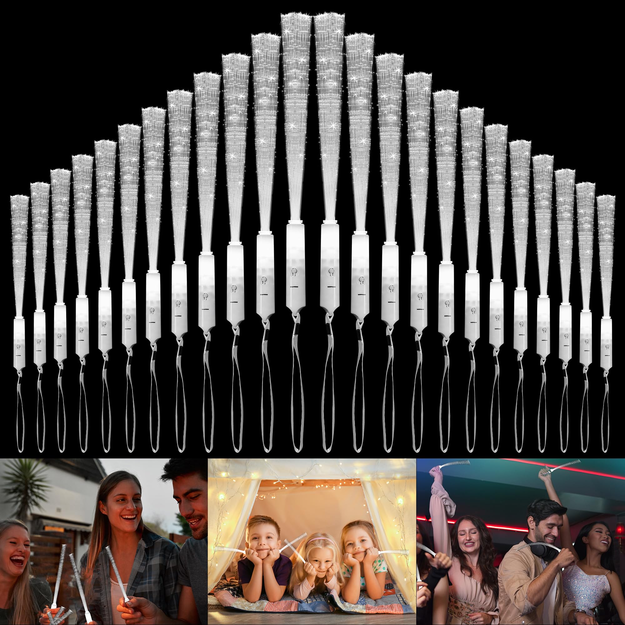 JIZZU 24 Piezas Barras Luminosas Fluorescentes con Led Blanco, 3 Modos de Luz LED Intermitentes, Varilla Luminosa LED Fibra per Matrimonio, Fiestas, Discoteca, Concierto
