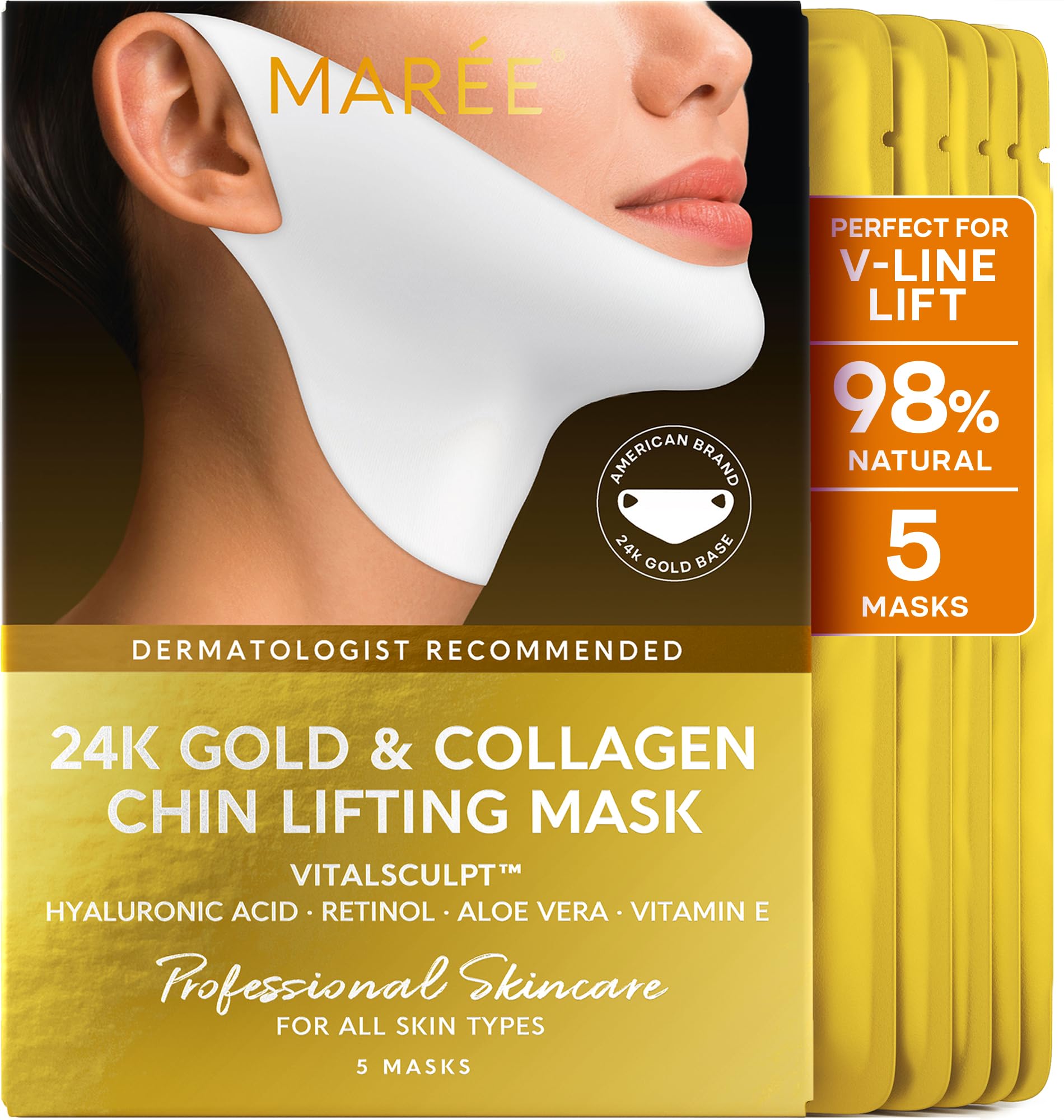 MAREEV Line Lifting Mask with 24K Gold – Deep Collagen Face Mask for Women – Jawline Shaper Mask with Retinol & Hyaluronic Acid – Neck Tightening & Firming - Double Chin Strap for Face Lift