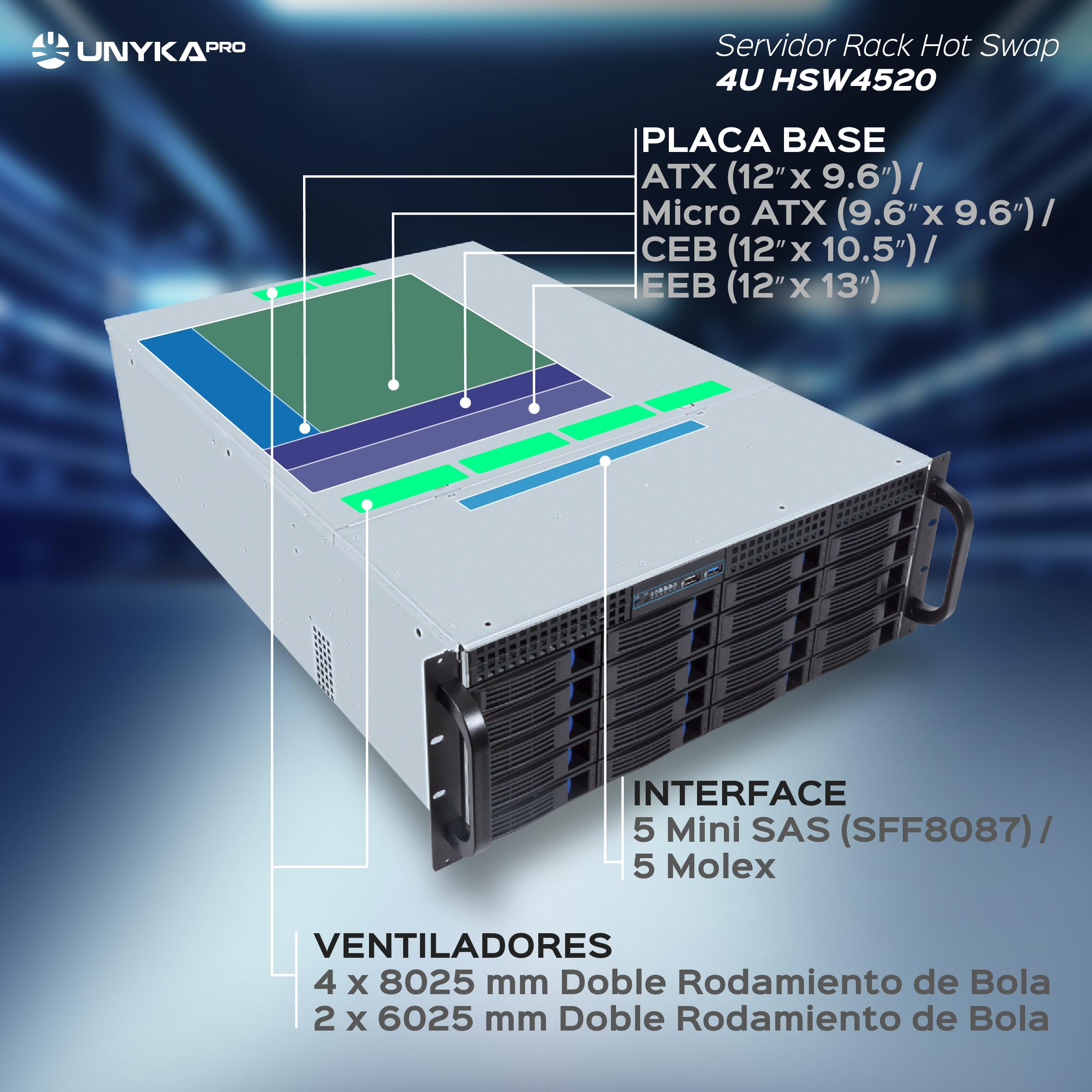 UNYKAch Chasis Rack Hot Swap HSW4520 (Sustitución de Bahías en Caliente) 4U ATX, 20 Bahías, para Discos de 3,5″ o 2.5”, 3 Ventiladores de 120 mm y 2 de 80 mm, 1 USB 2.0 y 1 USB 3.0