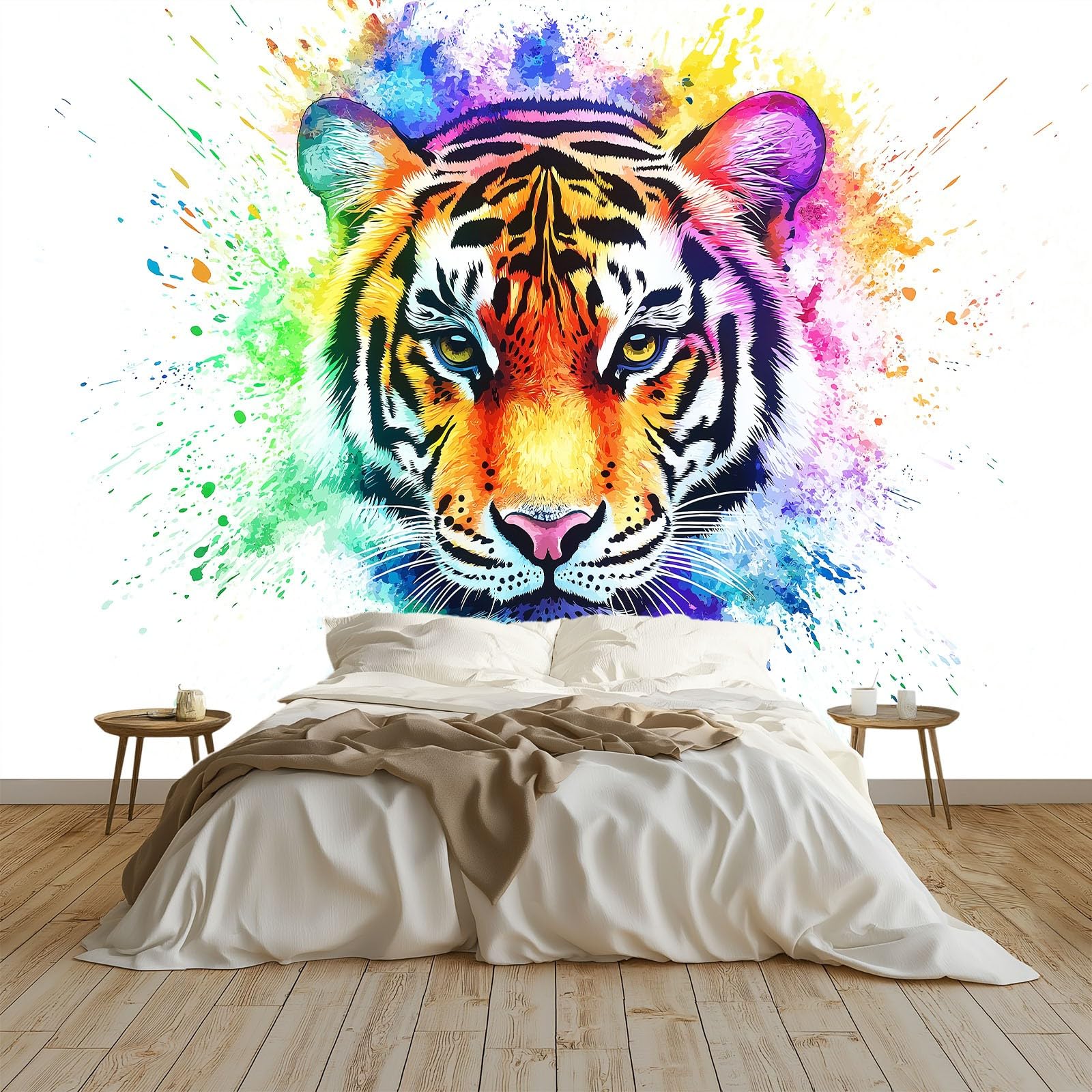 Papier peint enfant tigre blanc crée une ambiance jungle douce dans la chambre de bébé