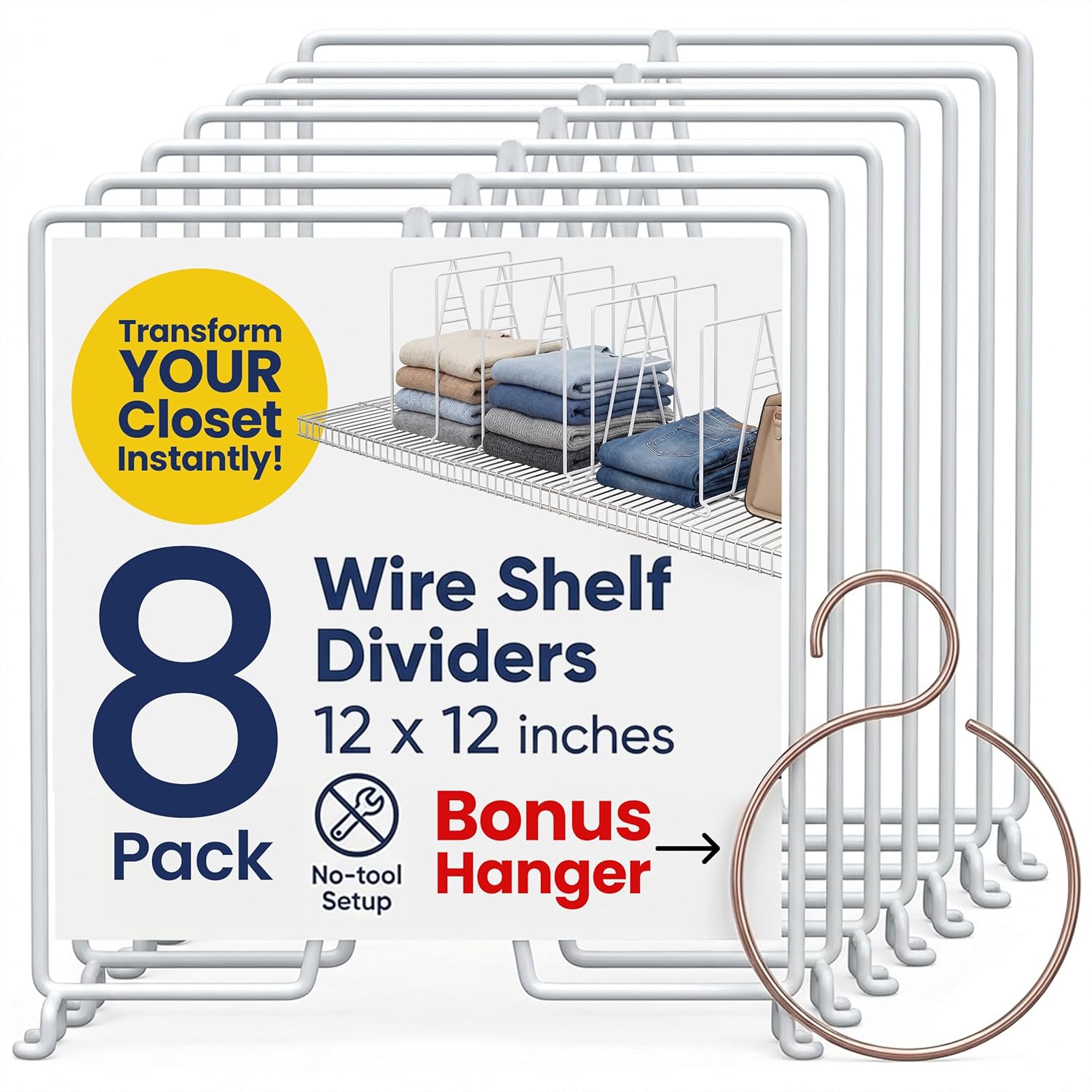 White Wire Shelf Dividers for Closet Organization – 8-Pack – Sturdy and Easy Set-Up Closet Shelf Dividers with Bonus Rose Gold Hanger – 12 inches x 12 inches