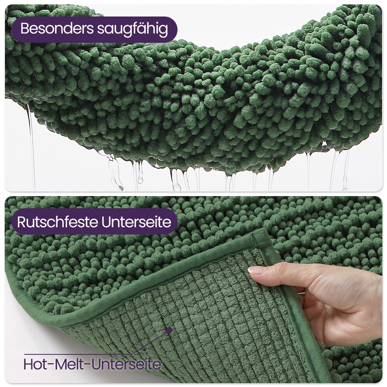 DEXI Chenille Badezimmerteppich 60 x 110 cm, weiche und saugfähige, Grün