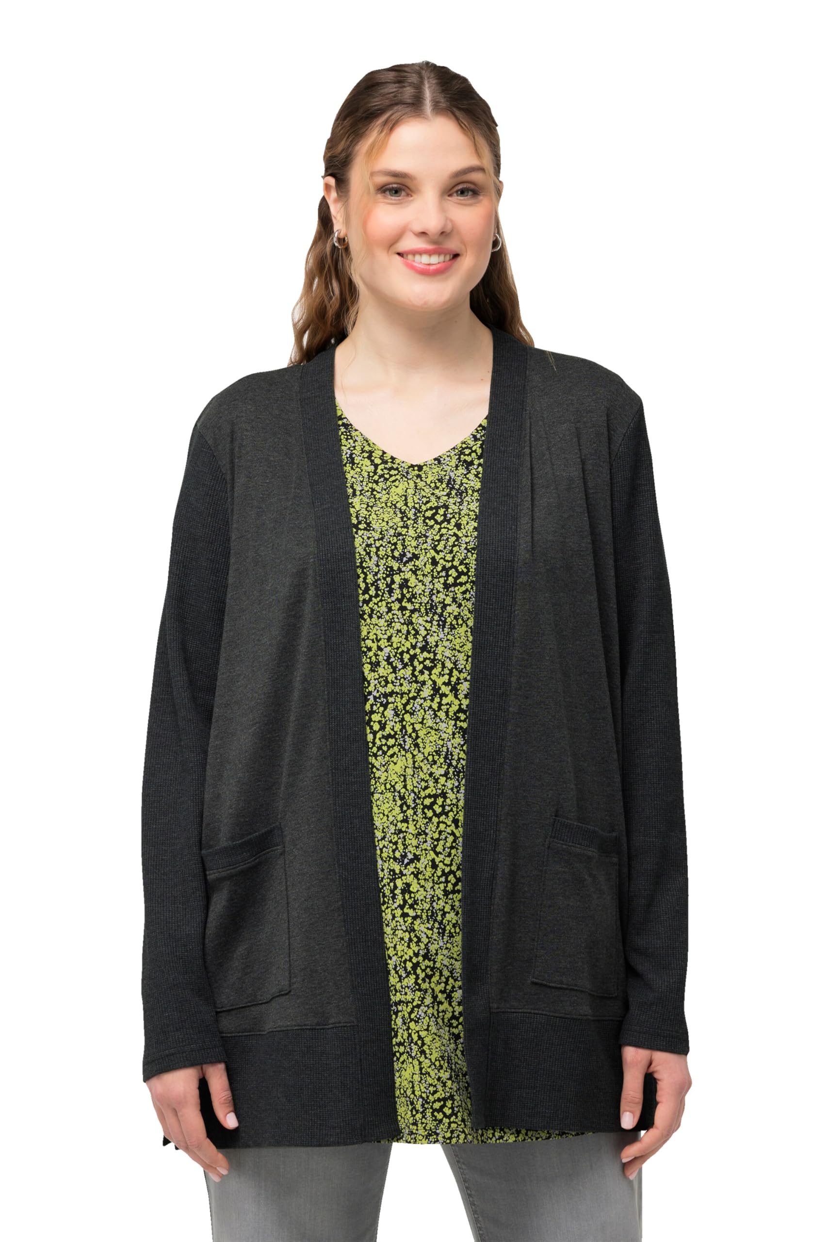 Ulla Popken Women's Ribbed Sweat Jacket, Black, 32 UK/34 UK