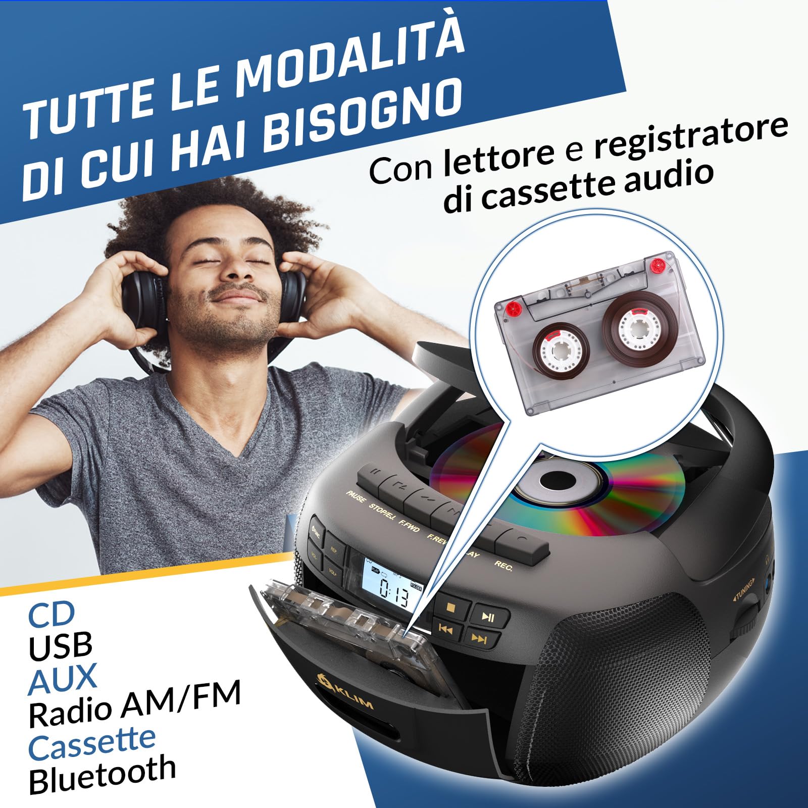 KLIM Lettore CD - Lettore Cassette Audio, AM/FM Radio Bluetooth, Stereo CD Player, Remota, Registrazione Su Nastro, USB Drive, AUX, Radio Stereo Casa Alimentazione AC/DC - Nero/Oro