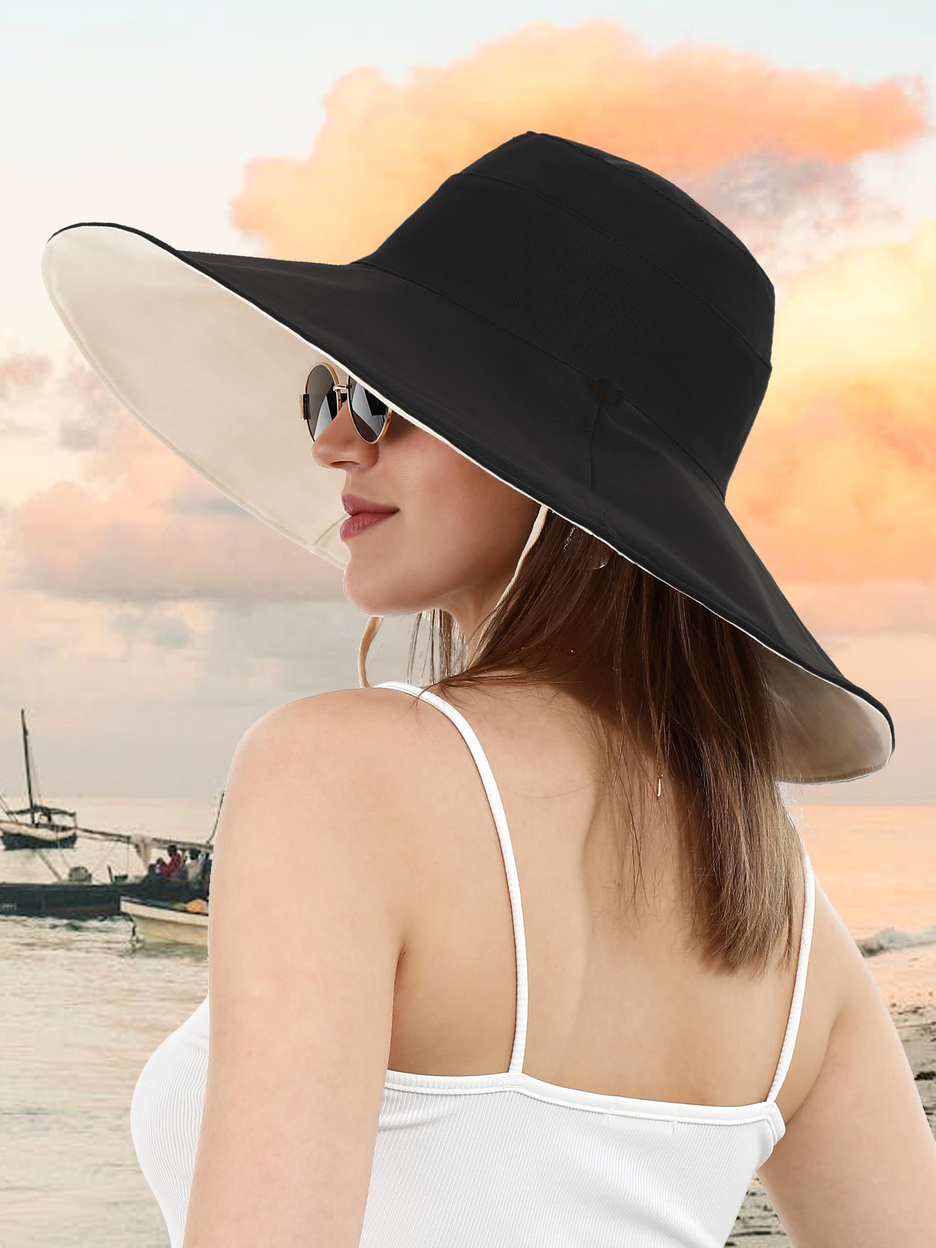 Chapeau de Pêche Réversible Femme en Coton Ultra Large Bord Protection UV 50+ Pliable Bob Plage Été Corde Brise Vent