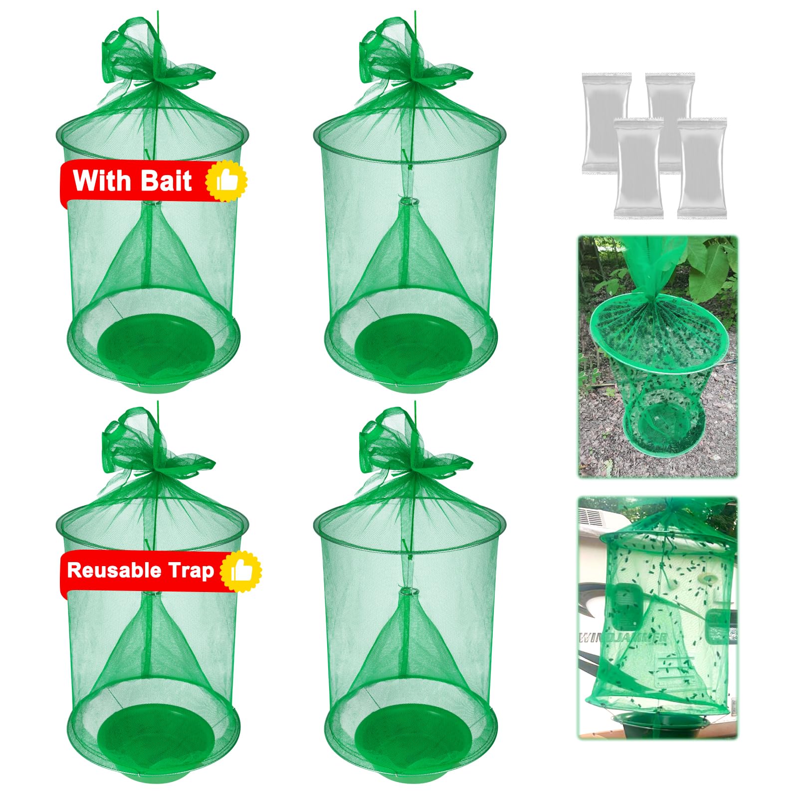 Dwcom 4 Pack Ranch Fly Trap, Reusable Hanging Fly Traps Outdoor, Farm/Stable Fly Killer, Effective Fly Catcher Trap for Horse Fly Hunter