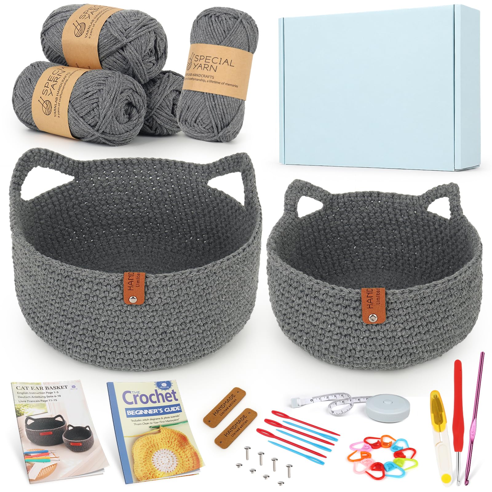Reessy Crochet Cat Ear Basket Kit, Crochet Kits for Beginners Adults-Grey