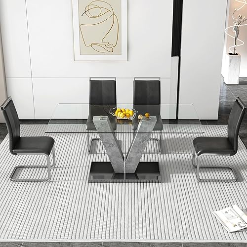 Miniatura 30 de Juego de mesa de comedor de vidrio de 71 pulgadas para 6, juego de mesa de comedor para 6, mesa de cocina moderna y 6 sillas de PU, parte superior