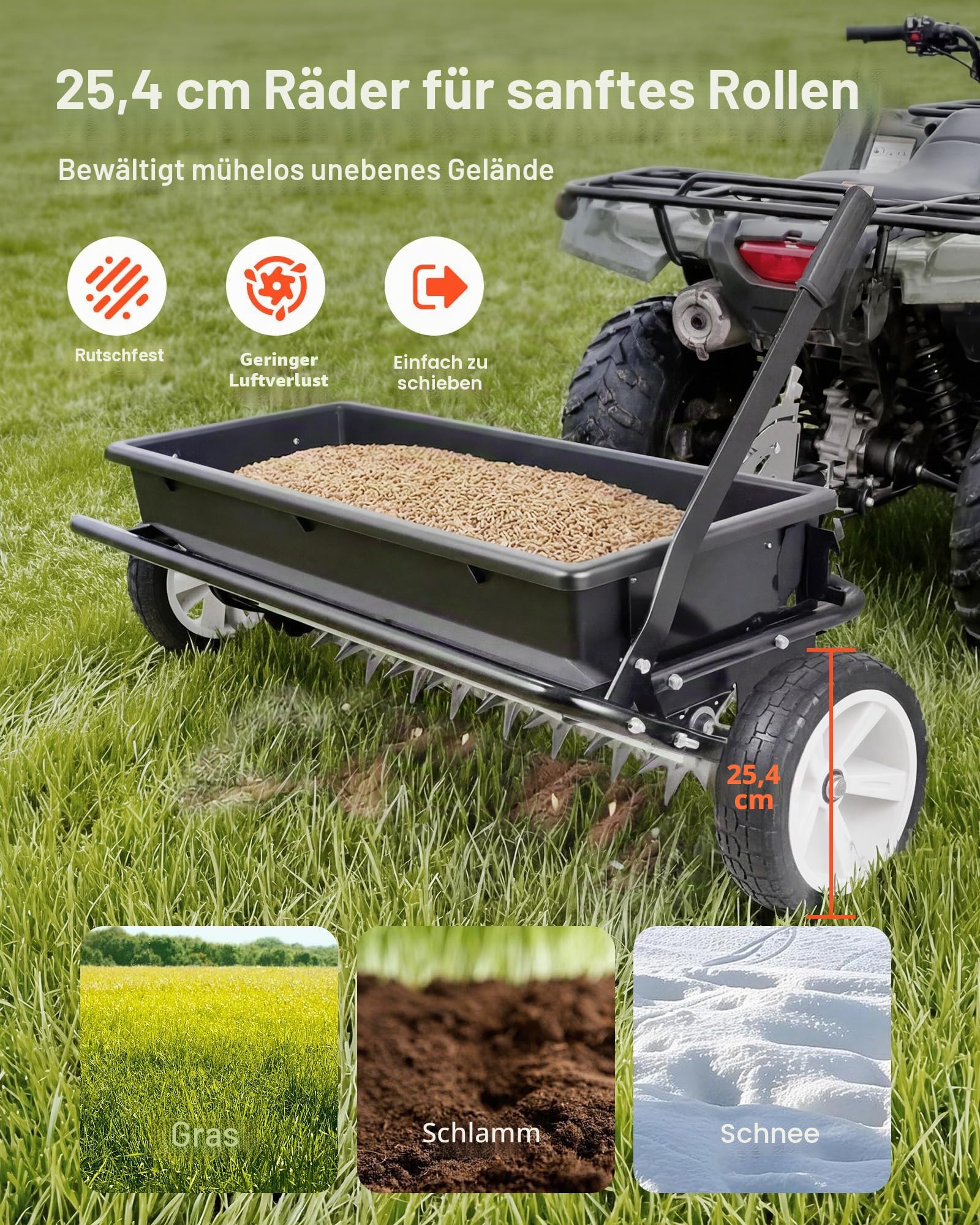 VEVOR Anhänger Rasenlüfter 81 cm Streubreite, Streuwagen mit Universalkupplung, Gartensämaschine & Bodenbelüfter mit 45 kg Kapazität & 10 Zoll Rädern, Vertikutierer für ATVs & UTVs