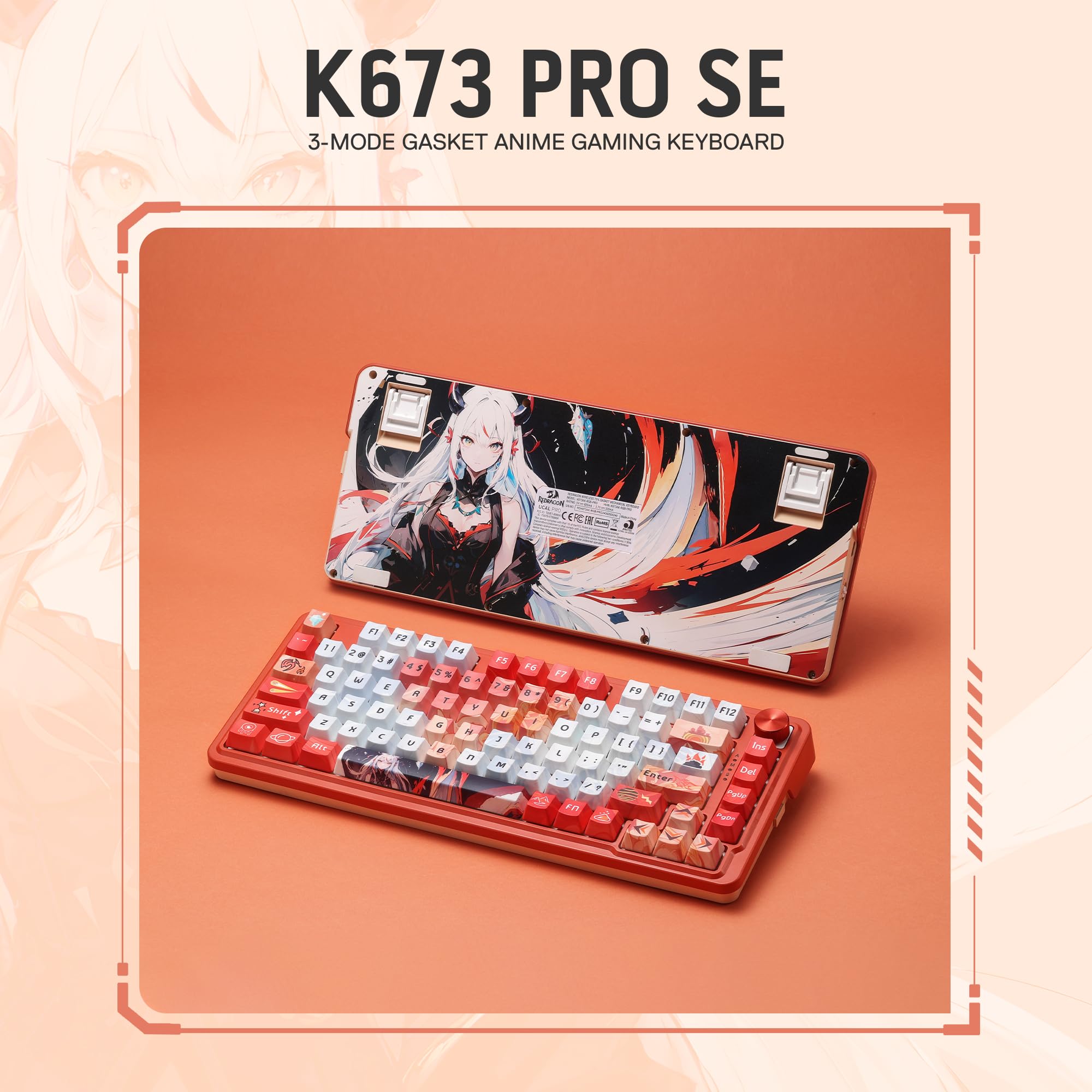 Redragon K673 Pro SE Teclado Gasket RGB 75% 81 Teclas 3 Modos Anime | US Layout Teclado Mecánico Hot Swap 5 Capas Amortiguación Ruido Diseño Anime Iluminación RGB