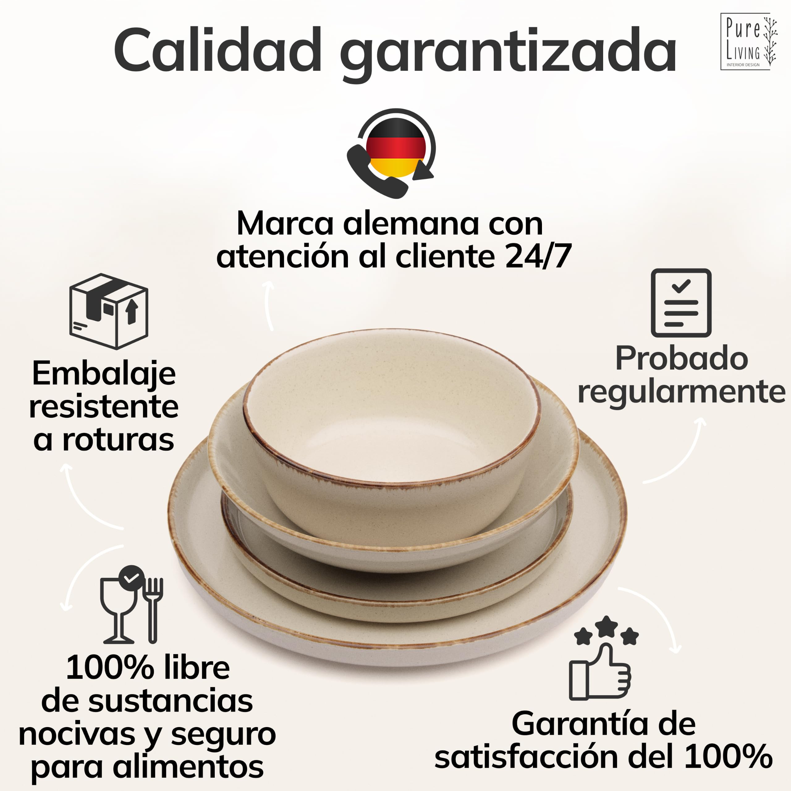 Vajillas para 6 Personas, Set de Steingut Rustic de 24 Piezas - Diseño Rústico y Moderno, Apto para Lavavajillas - Juego de Platos y Cuencos - Vajilla Pure Living en Color beige
