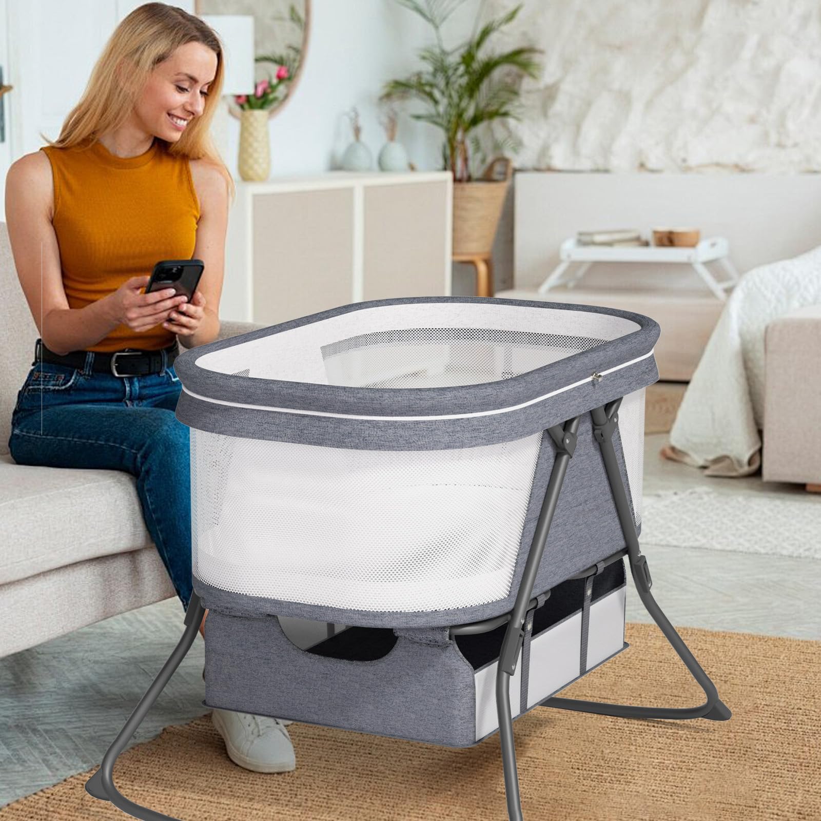 XJD Baby Beistellbett, 2 in 1 Babybett klappbar, Stubenwagen mit Aufbewahrungskorb, Reisebett mit weich Matratze, Transporttasche, Moskitonetz, Babywiege für 0-6 Monate, von Geburt bis 10 kg, Grau