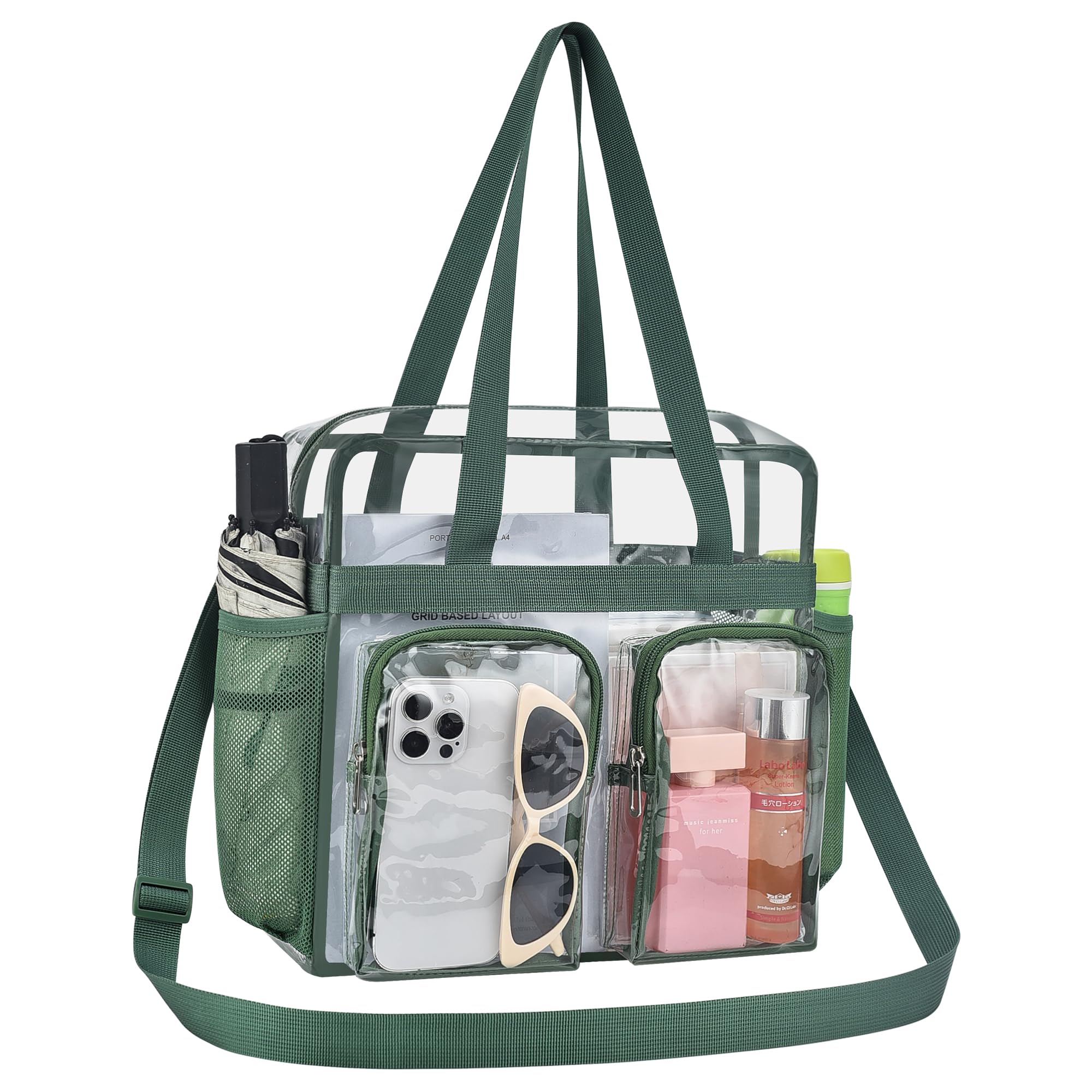 Oraben Clear Tote Bag Clear Bag Stadium Approved 12x6x12 Stadium Bag for Work, Sports Games,Gym Two Pockets, Forest Green