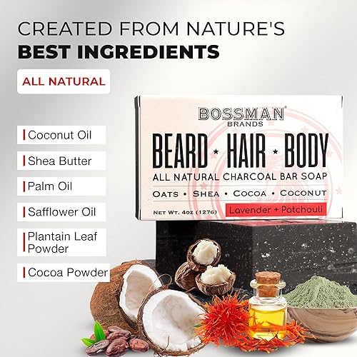 Vista 3 de Bossman Barra de jabón de carbón 4 en 1 (4 onzas), jabón en barra para hombres, solución de lavado de barba totalmente natural, champú, gel de baño