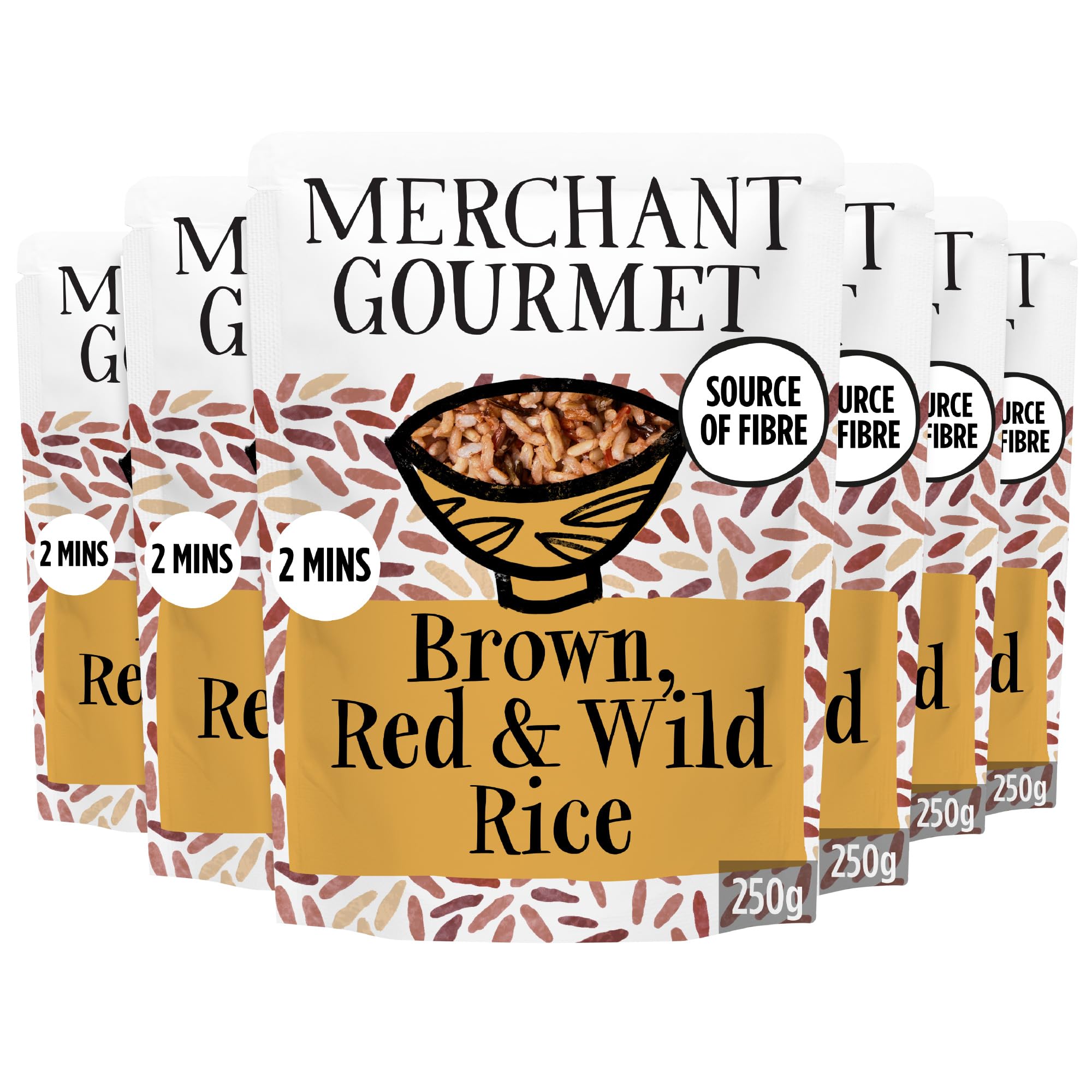 Merchant Gourmet Brown, Red, Wild Microwave Rice - Pack of 6 x 250g Pouches, Source of Fiber, Low Fat & Vegan, Ready in Minutes, Plant-based Ready Meal
