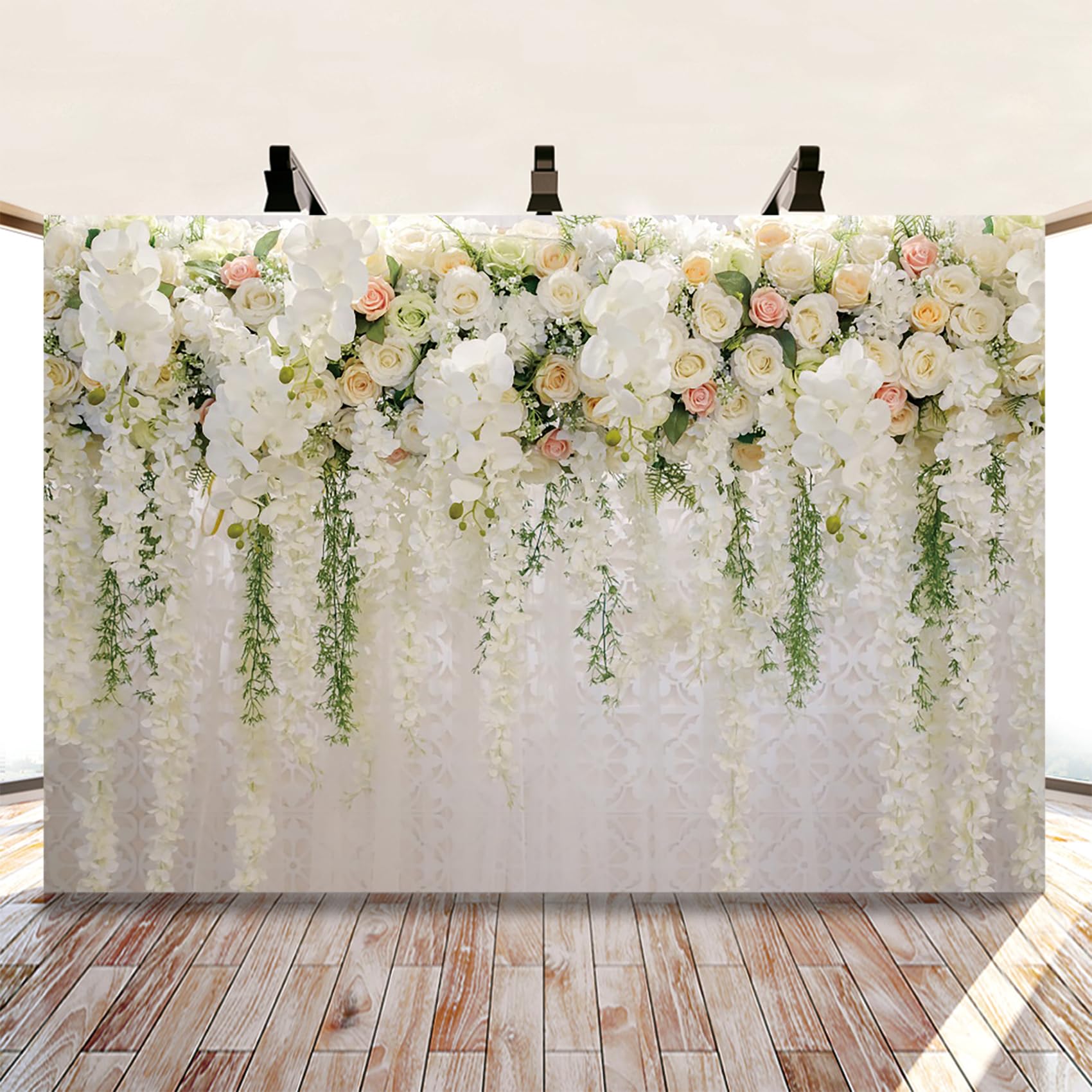 3x2m Photo de Mariage Toile de Fond pour la réception Fleurs Blanches Rideau Floral cérémonie de Mariage décorations de Douche Nuptiale bannière Fond de Douche de bébé, Vinyle