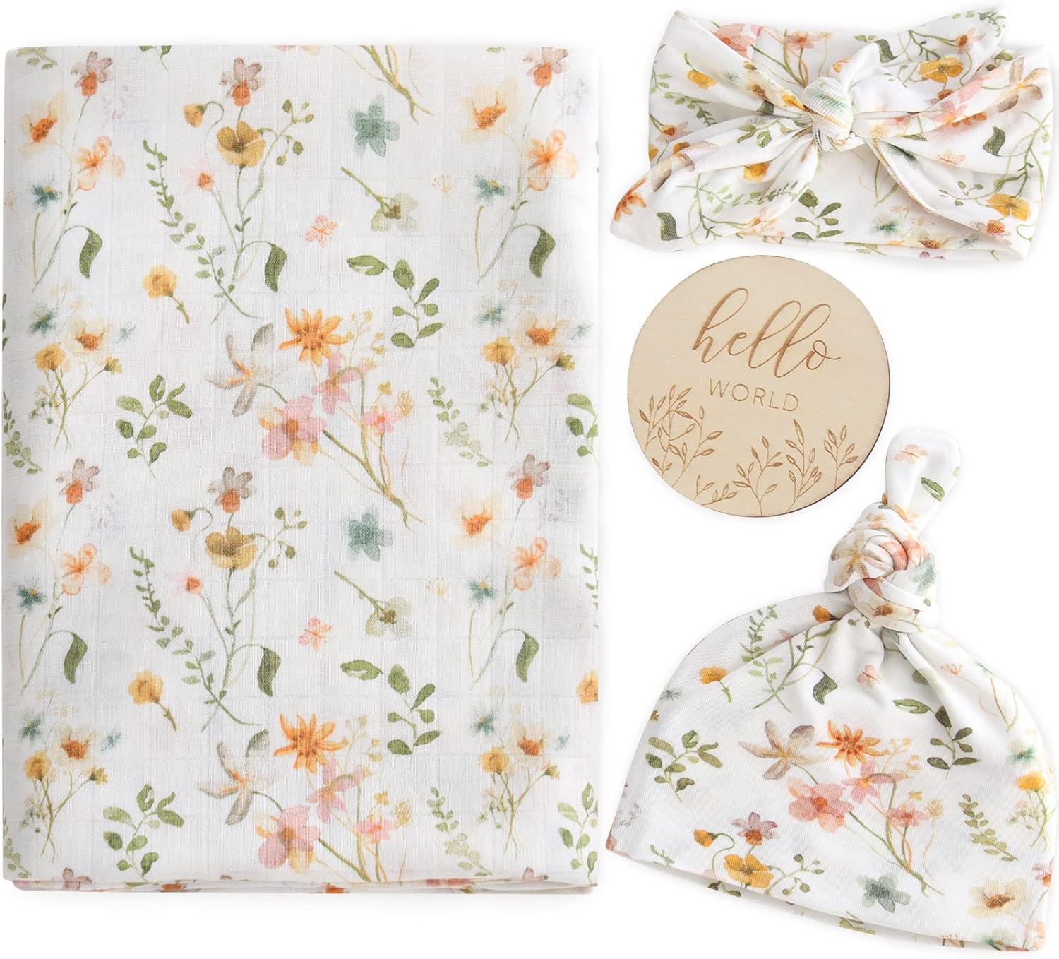 LifeTree Newborn Swaddle Set with Matching Hat and Bow, Wooden Birth Announcement Card, Baby Girl Newborn Receiving Blanket Baby Swaddle Floral Motif Nursery Swaddle Wrap LifeTree Newborn Swaddle Set with Matching Hat and Bow, Wooden Birth Announcement Card, Baby Girl Newborn Receiving Blanket Baby Swaddle Floral Motif Nursery Swaddle Wrap