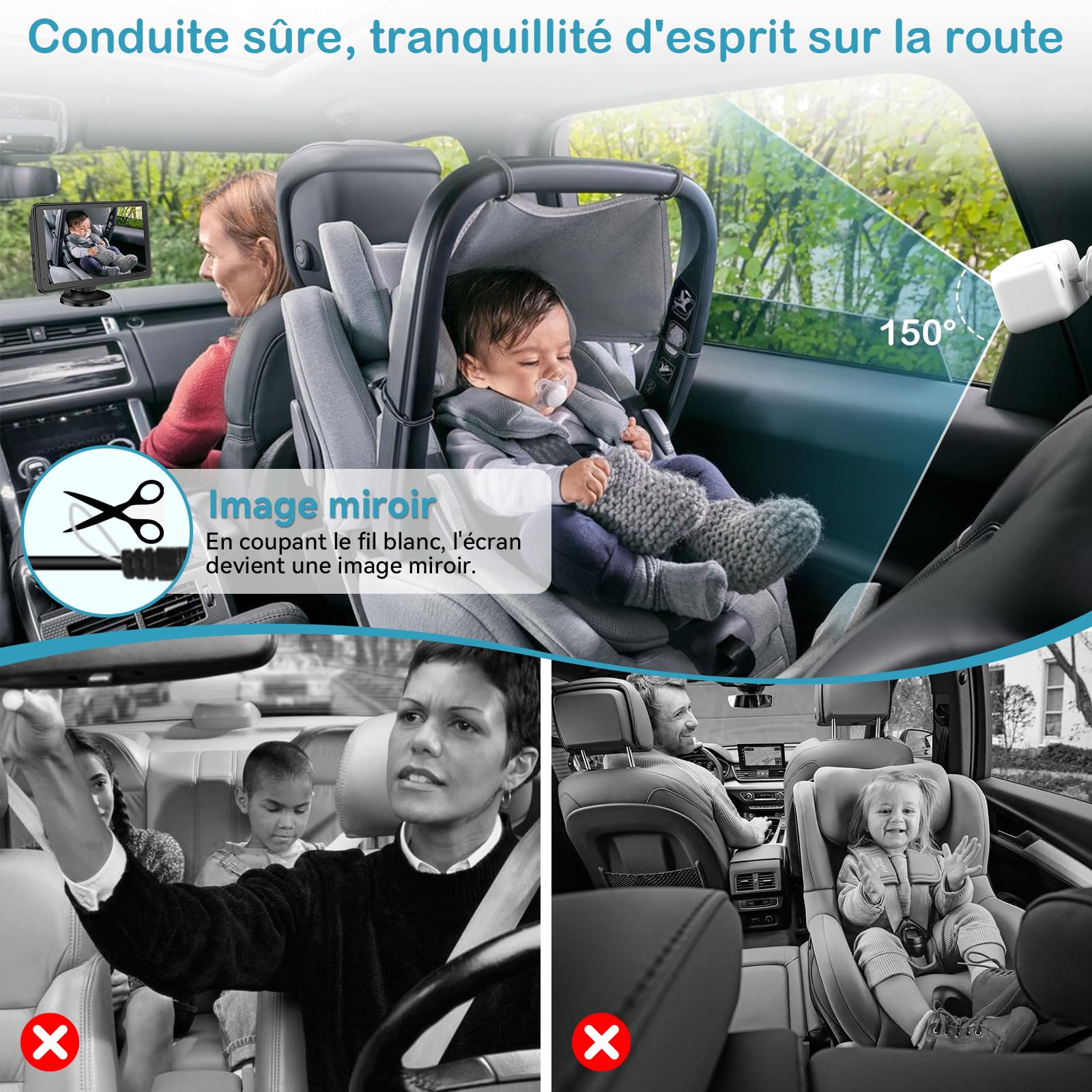 Caméra Voiture Bébé pour 2 Enfants : Écran IPS 7 Pouces avec Deux Caméras pour Siège Auto, Écran Partagé, Vision Nocturne, HD 1080P - Caméra Arrière Facile à Installer Tomoia