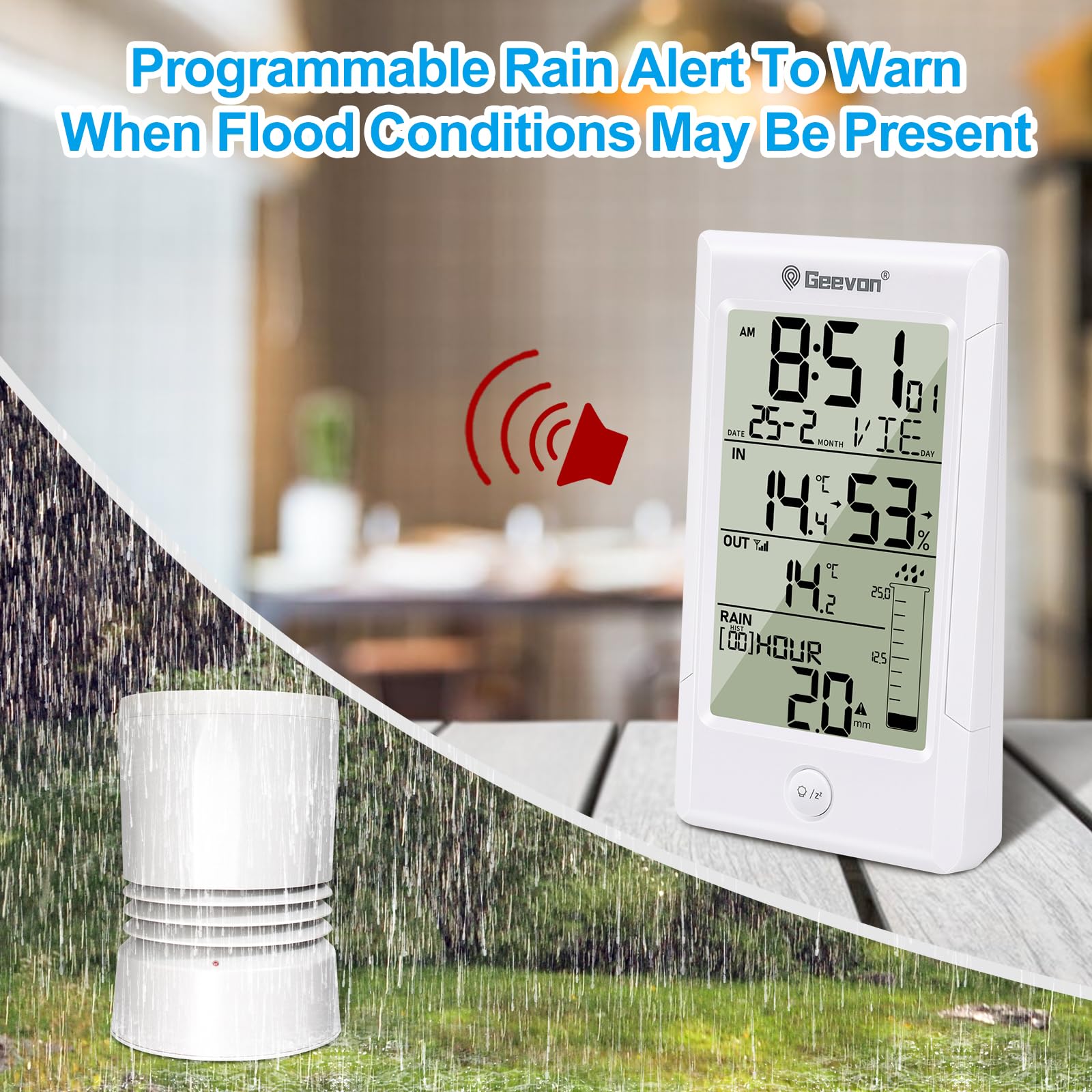 Geevon Digitaler Regenmesser mit Thermometer, Niederschlagsmessung im Freien, genaue Daten klare Anzeige, breiter Erfassungsbereich, Hochwasseralarm, einfache Einrichtung, Außentemperatursensor