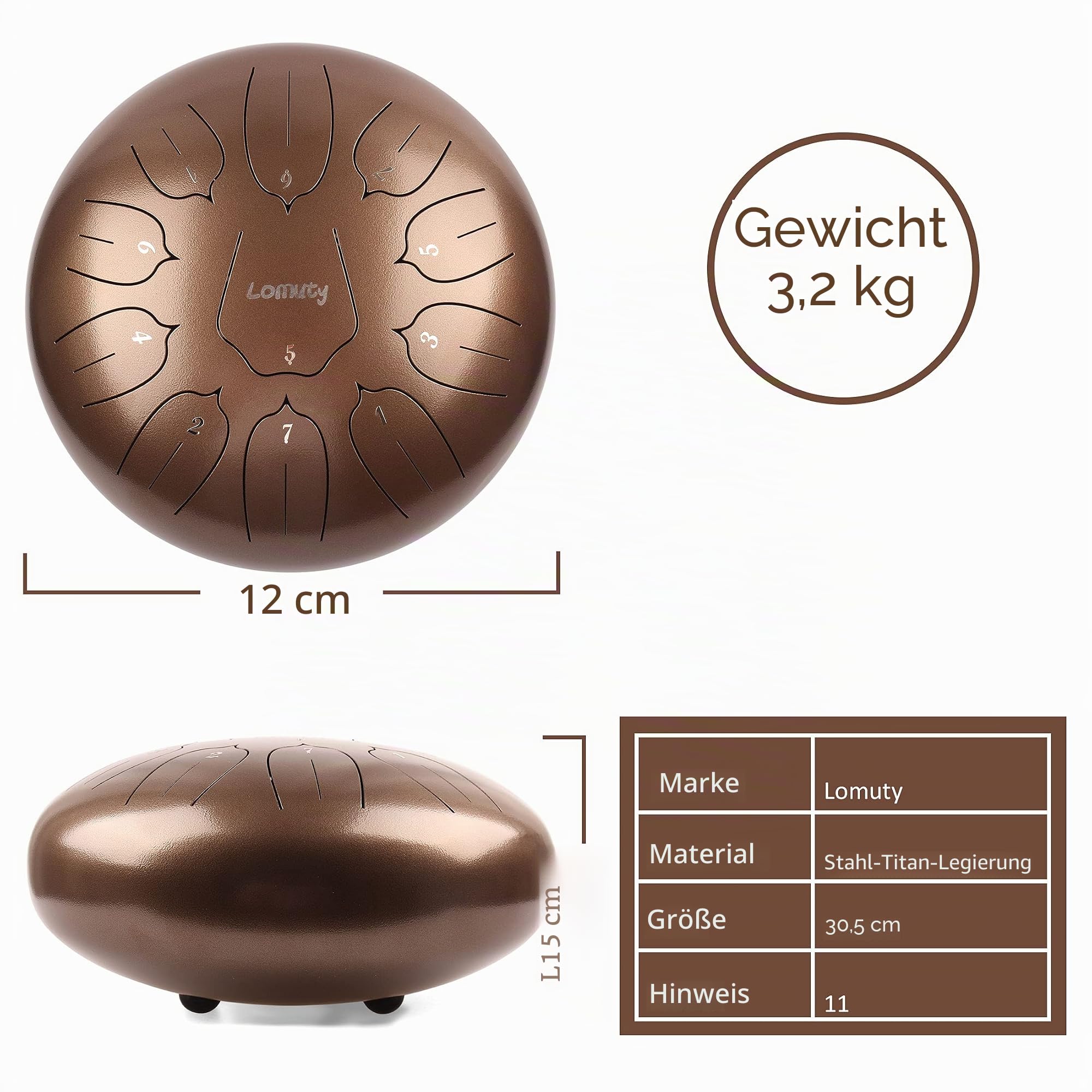 Stahlzungentrommel, 12 Zoll 30 cm Steel Tongue Drum, C-Dur 11 Noten, Handtrommel HandPan Drum mit Drumsticks,Musikbuch,Tragetasche und Fingerpicks(Braun)