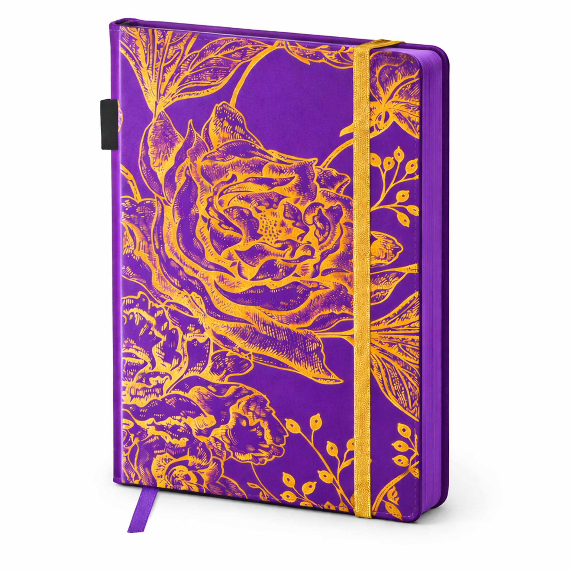 EJRange A5 Lined Notebook, Hardback Journal Notepad, Gold Rose Design, 192 Pages 100gsm Thick Paper, PU Leather Wipe Clean Cover, Pen Loop, Pocket, Ribbon Bookmark, Sparkly Gold Elastic (Purple)