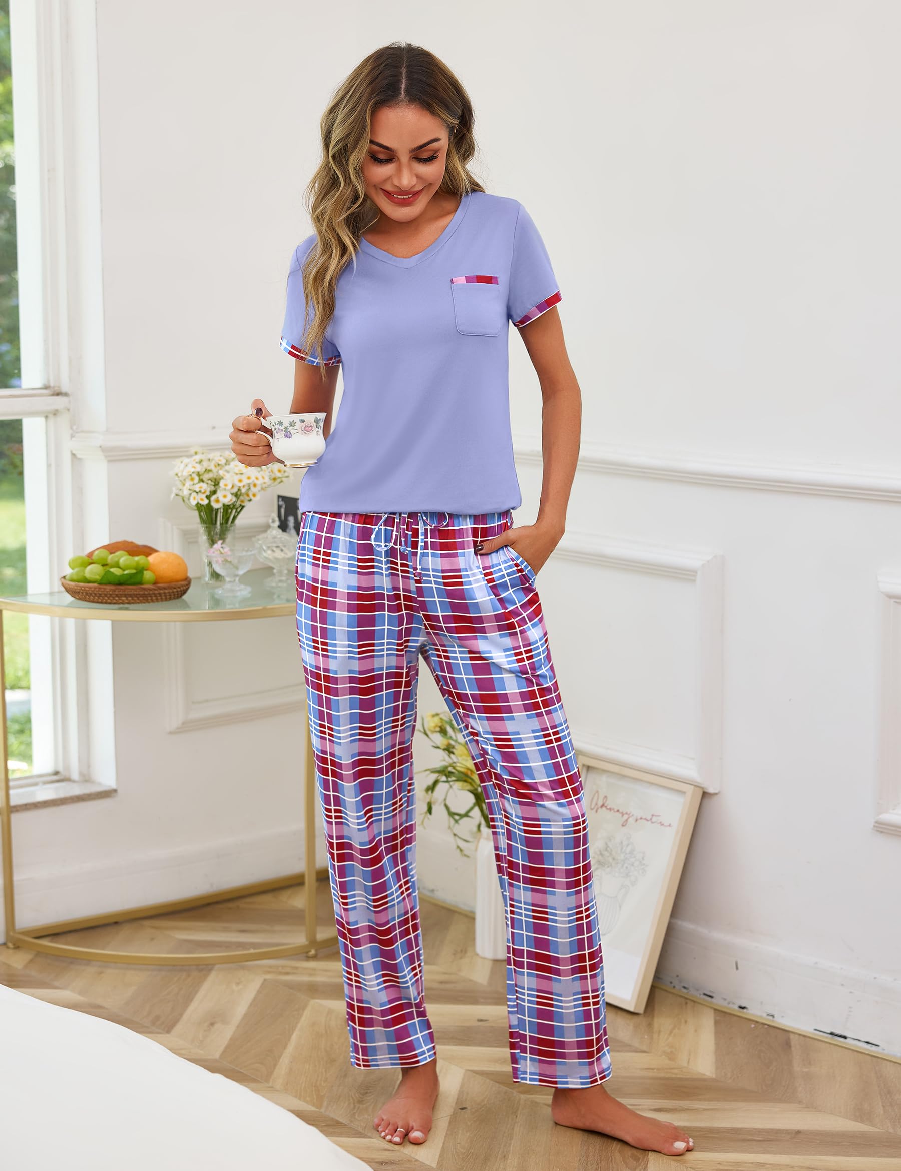 Ensemble de Pyjama Femme Coton Manche Courte Haut Uni avec Poche et Bas à Carreaux Ceinture Ajustable Vêtements de Nuit Confortables