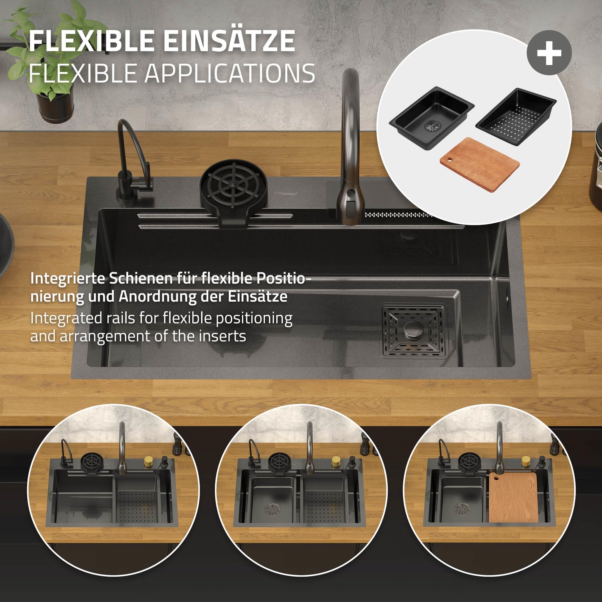 ML-Design Évier Multifonction Inox 80x46 cm Anthracite, Évier de Cuisine Encastré Rectangulaire, avec Robinet avec Douchette Extractible Distributeur de Savon et Autres Accessoires, 1 Bac Lavabo