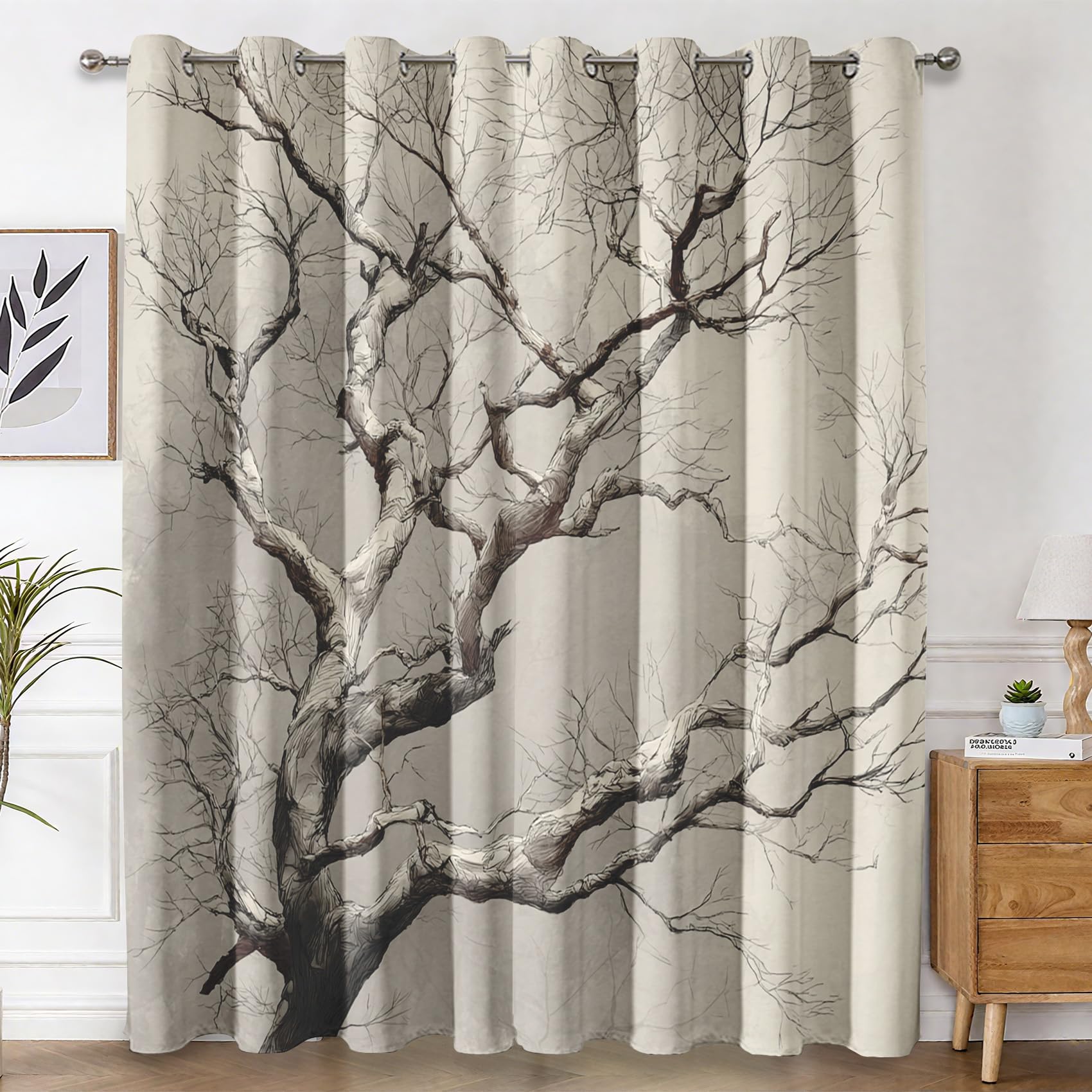 Tree Black Out Curtains 72 Inch Long, Plant Dead Tree Curtains for Living Room 2 Panels Set, Branches Patterned Window Drapes Eyelet Curtain Q&-75