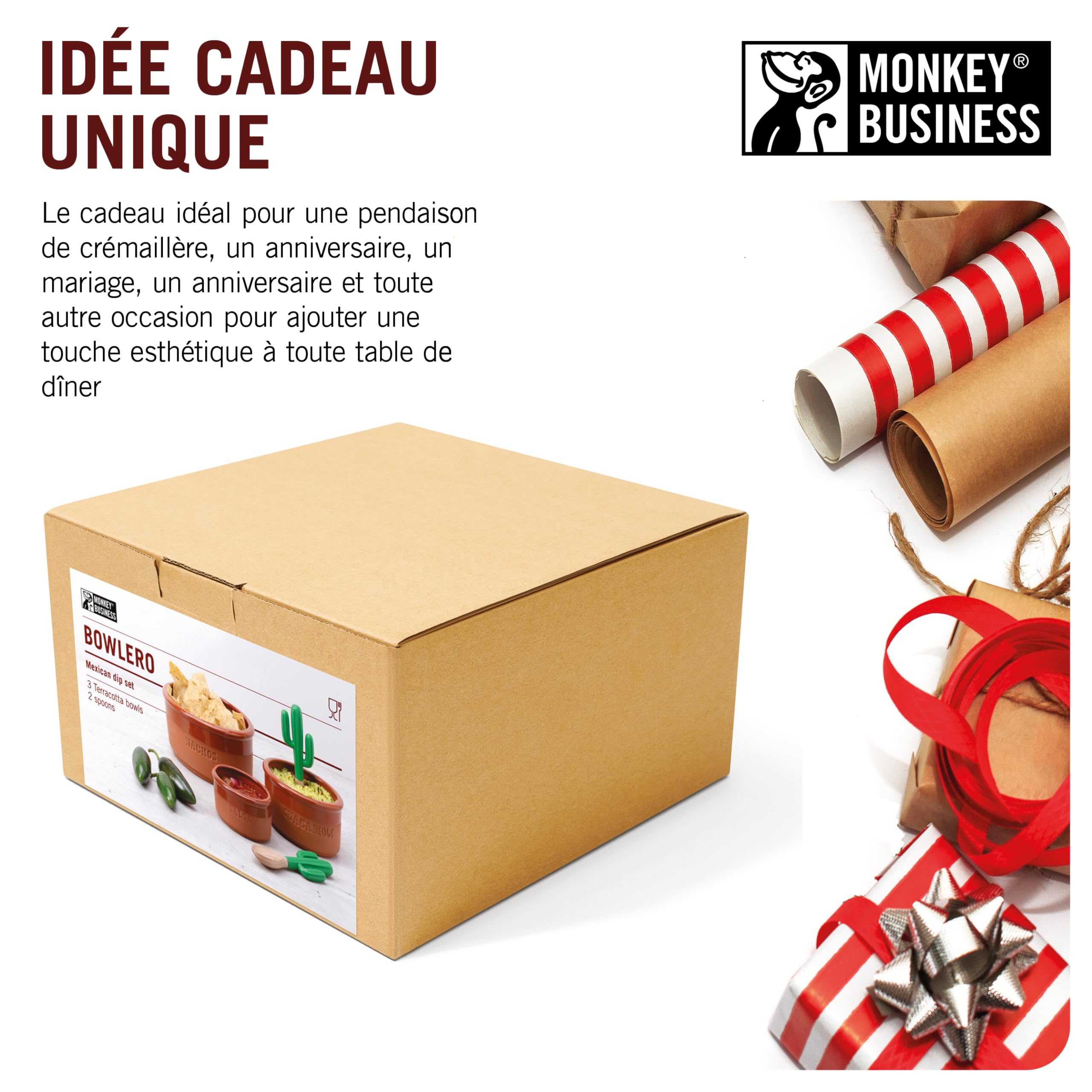 Monkey Business Bowlero : Kit de Bols en Terre Cuite pour Trempettes Mexicaines, Guacamole, Salsa et BBQ - 3 Bols à Soupe + 2 Cuillères
