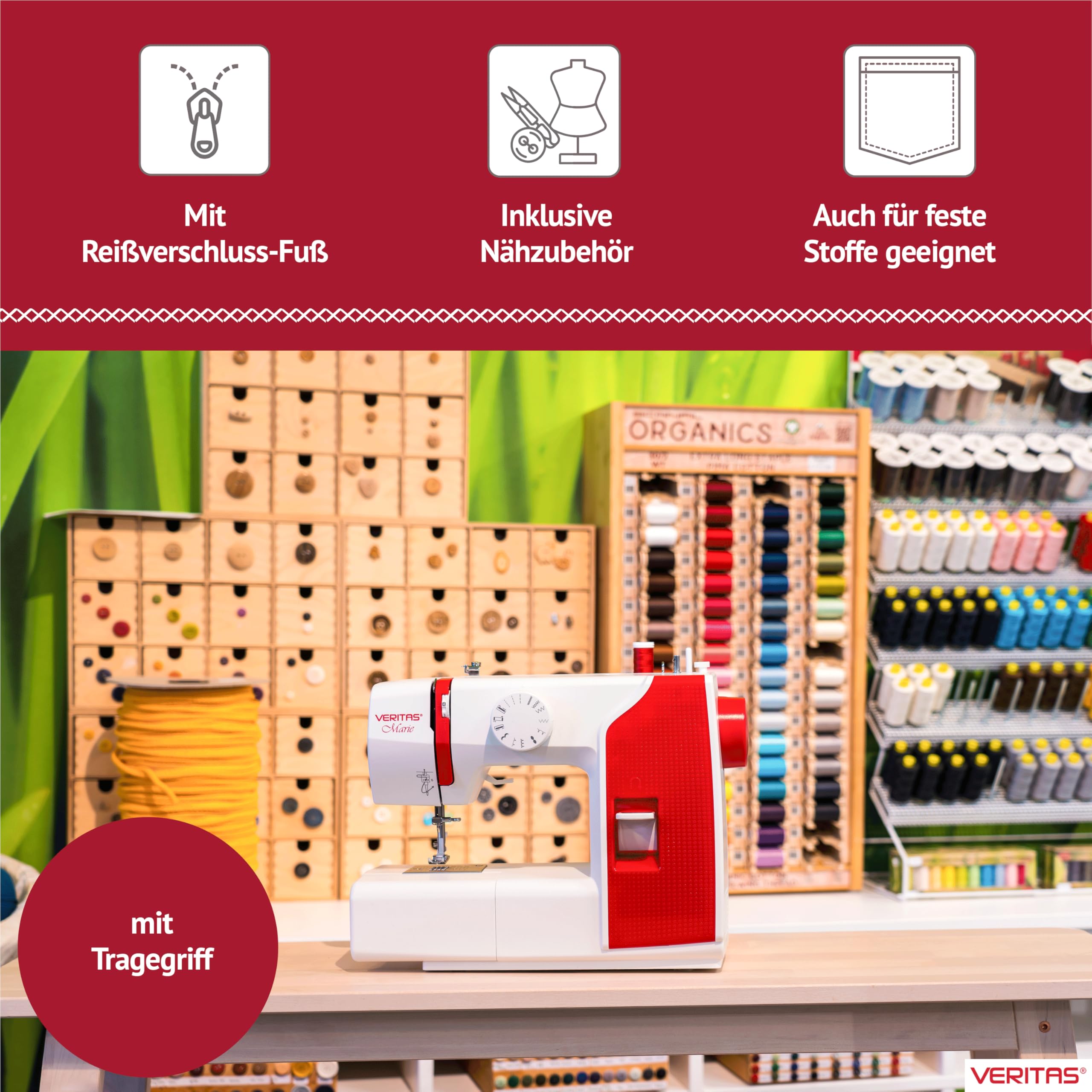 VERITAS Nähmaschine Marie I 13 Stichprogramme I Auto-Fadenspannung & Fadenabschneider I LED-Nählicht I Snap-On Nähfußsystem I Zierstiche & Stretch-Stiche I Kleine Nähmaschine für Anfänger (weiß-rot)
