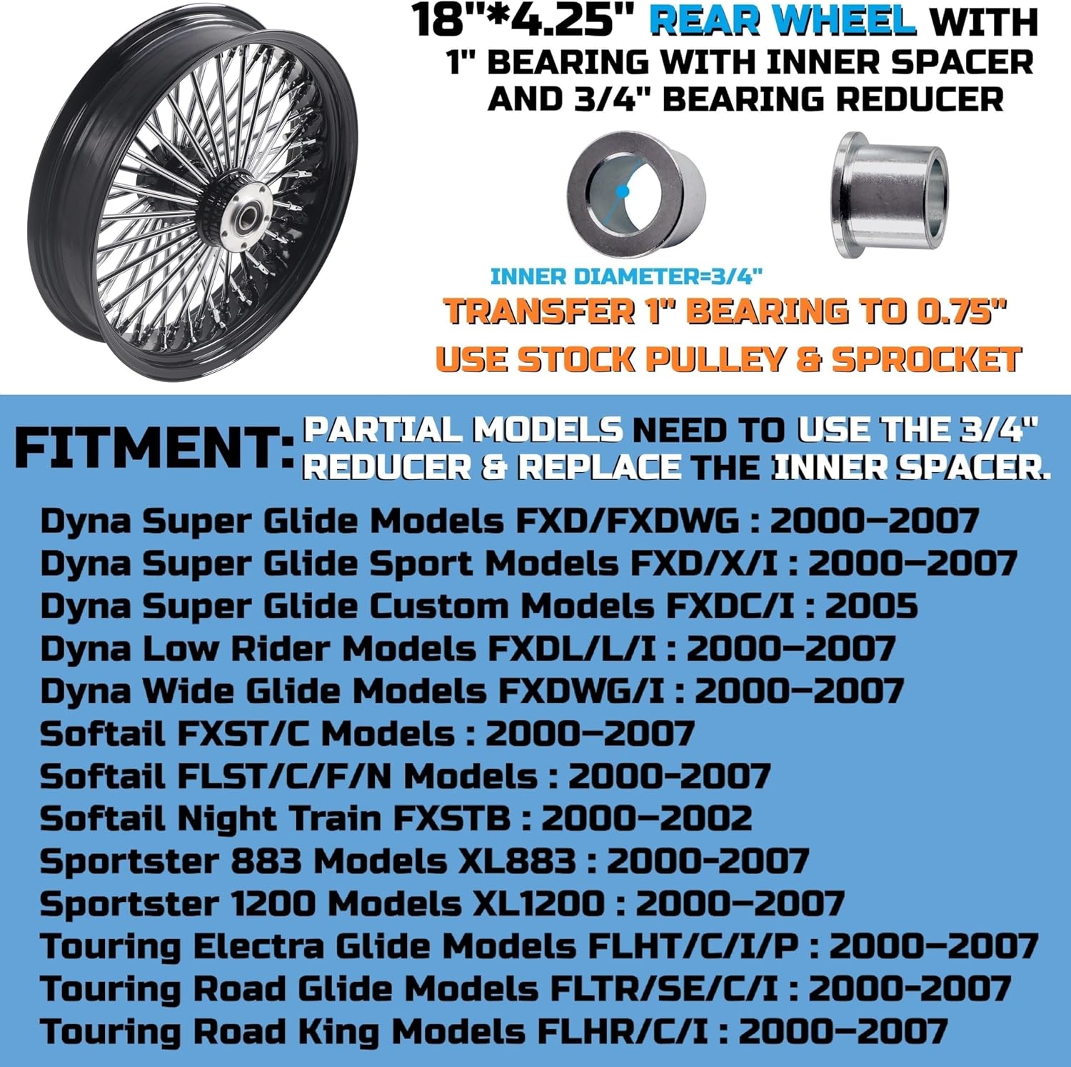 FatFlex 18" Rear Wheel - Aggressive 4.25" Black Chrome Fat Spokes for 00-07 Harley Dyna/Softail/Touring (Dual Bearing 1" & 3/4" w/Reducer), Wider and Easier To Control-18425R-1SM-BCB