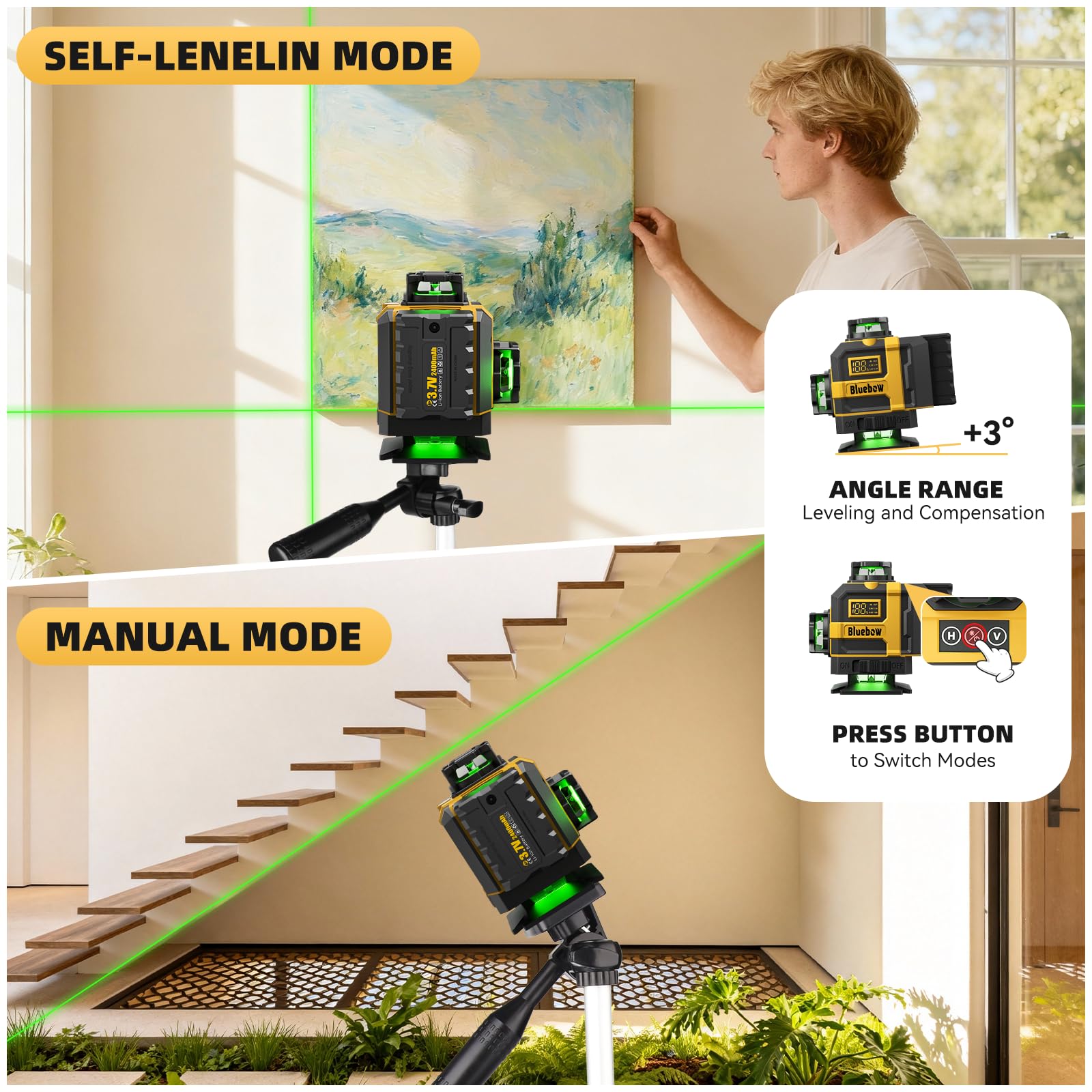 Bluebow Nivel Láser Autonivelante con Tripode, 4D con 16 líneas láser | con 2 baterías, Láser de Construcción 360° X 4 para Azulejos, Colgar Cuadros, Reformas del Hogar y Proyectos de Interior