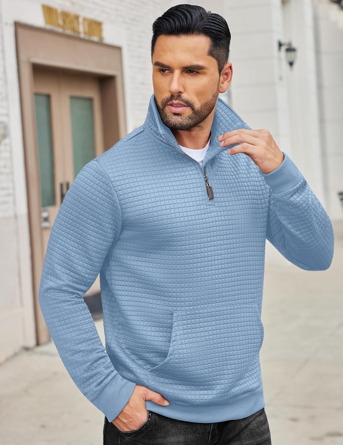 COOFANDY Mens Quarter Zip Sweatshirt Long Sleeve Casual Waffle Pullover Hoodies with Pocket