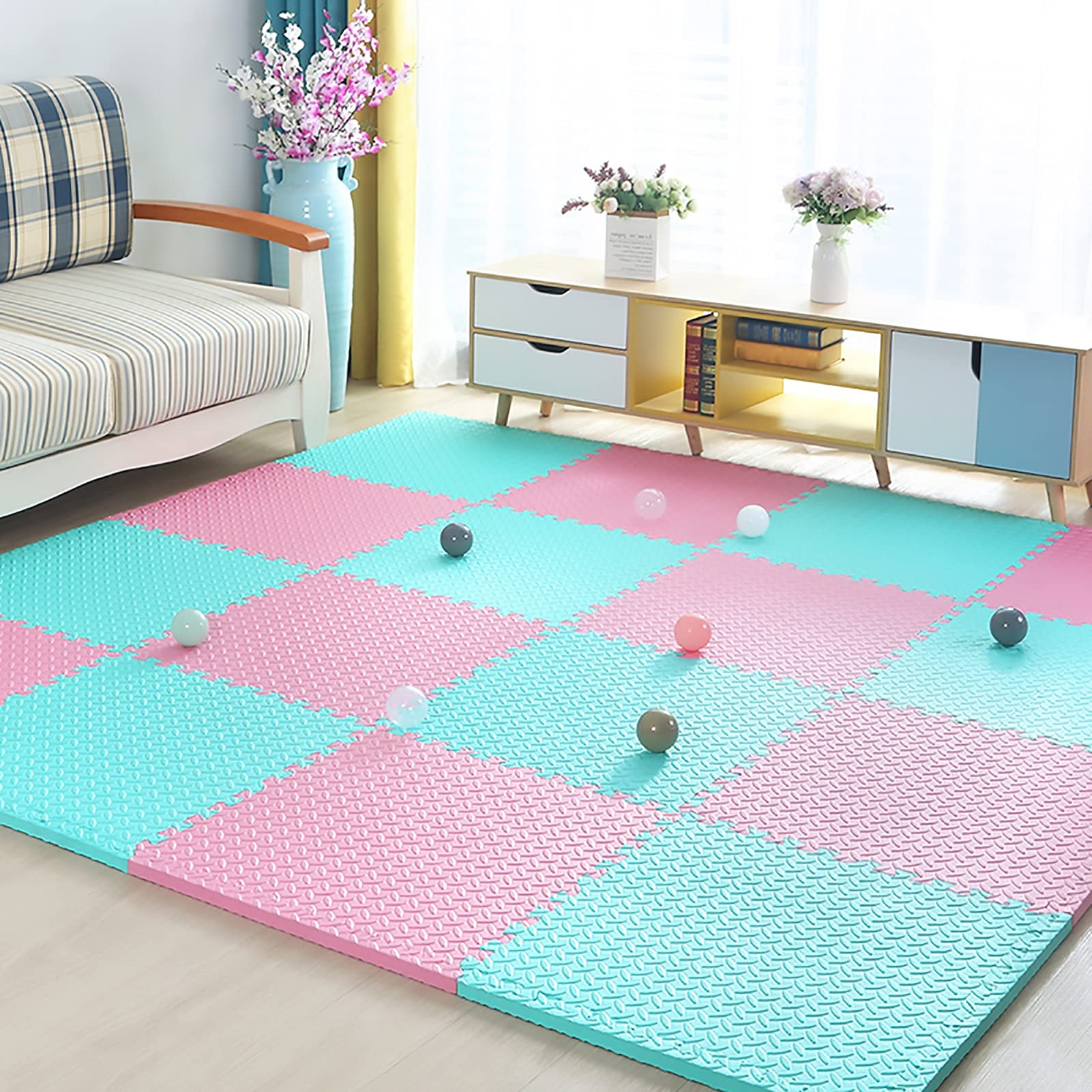 JLCP Baby Foam Play Puzzle Mats, Soft Floor Tiles Kids Foam Play Mats, Interlocking Mat 60X60x2cm Non-Slip Waterproof Crawling Mat Kids Rug Activitys Games Toys,Green+Pink,12pcs