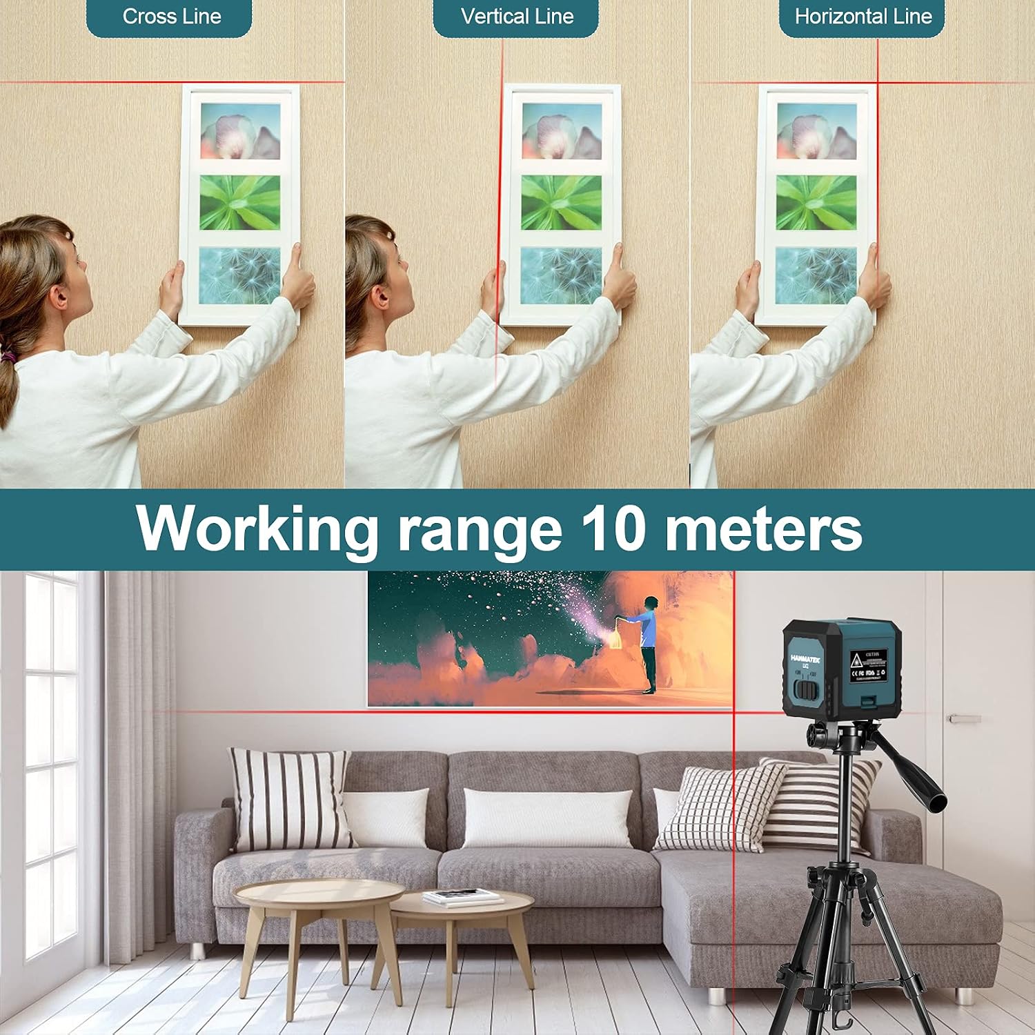 Laser Level Self Leveling 50 Ft Cross Line, Horizontal and Vertical Lasers, High Precision Rotatable 360 Degree Bright Laser Level tool for Picture Hanging, Home Renovation, Floor Tile, Construction