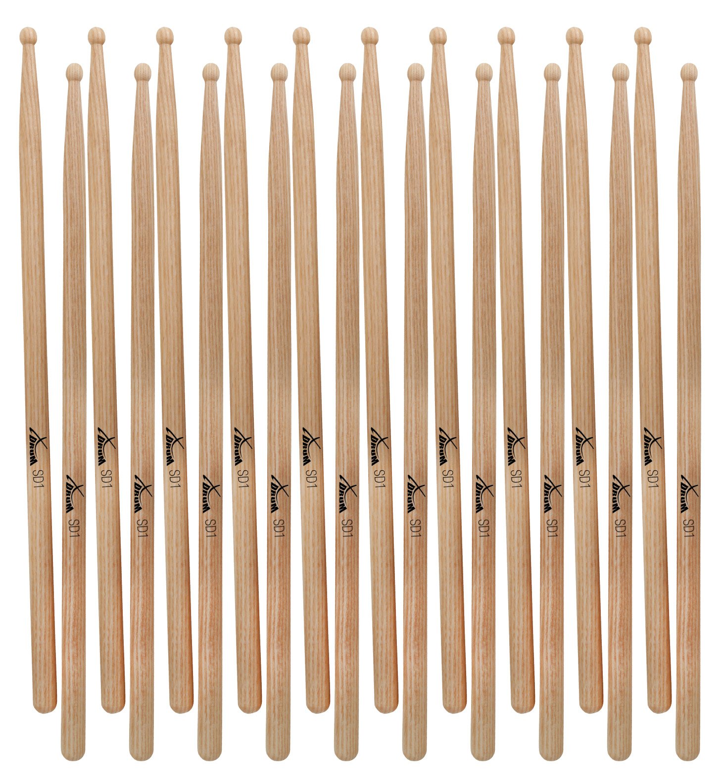 10 Paia Bacchette XDrum SD1, Hickory, Punta in Legno, Spessore: SD1 | Lunghezza: ca. 415 mm, Diametro: ca. 16 mm, Punta: legno, rotonda, Diametro testa: 11, 5 mm, Materiale: Hickory