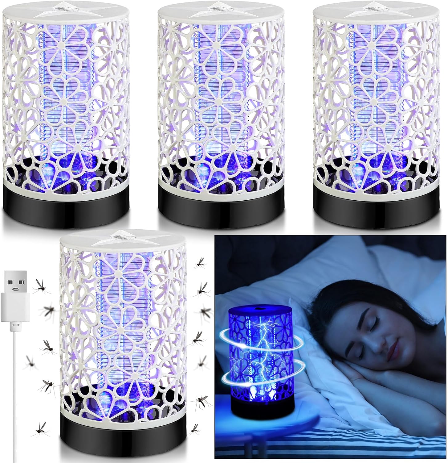 Qualirey 4 Pcs Electric Bug Zapper USB Mosquito Killer Repellent Fly Insect Lamp Purple Light Bug Trap for for Indoor Outdoor Bedroom Living Room Courtyard Backyard Patio(Black)