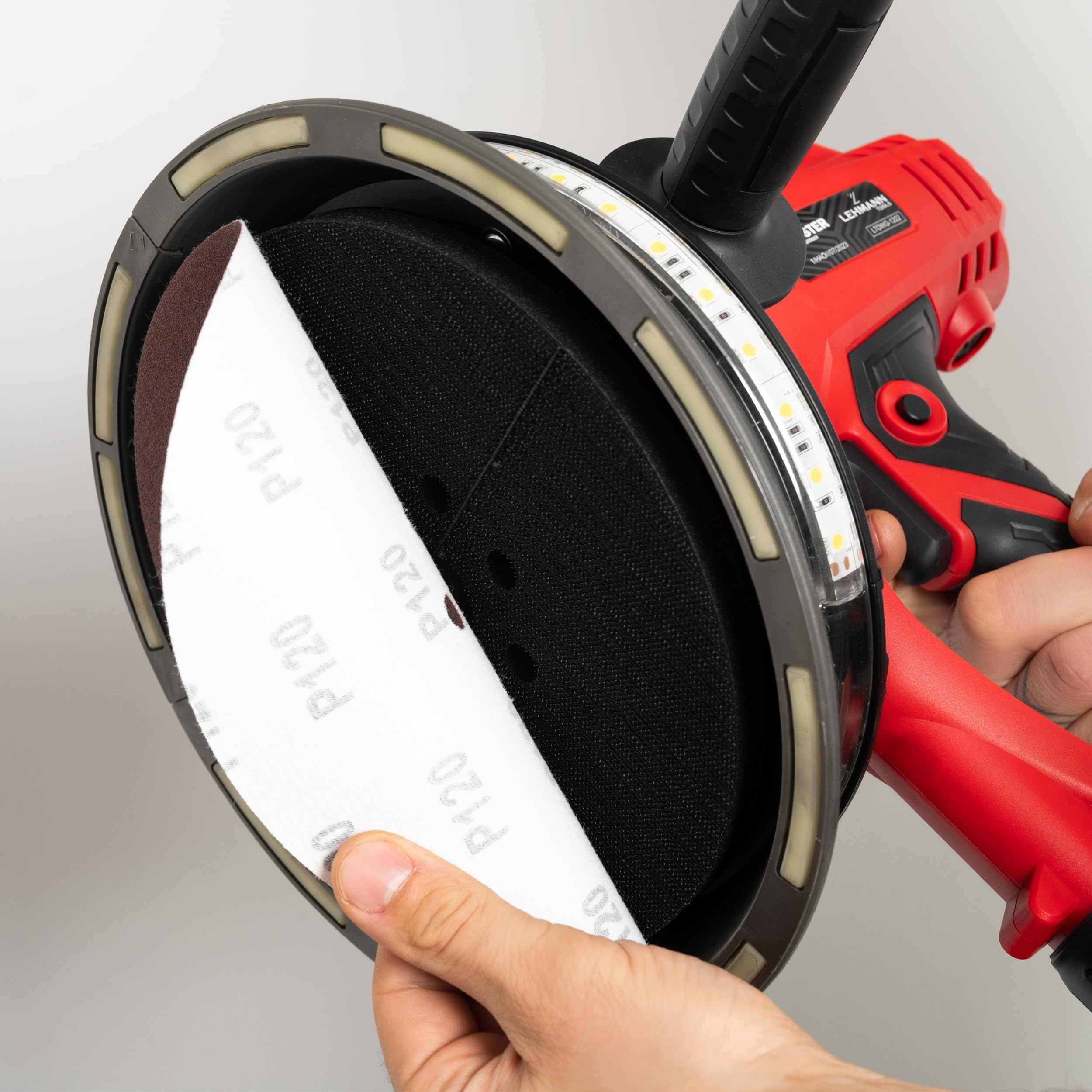 LEHMANN Lijadora Pared y Techo, 1500 W, Anchura 225 mm, 6 Velocidades Variables, 2800 rpm, Luz LED 360°, Lijadora de Pared con Sistema de Recogida de Polvo - Bolsa y Manguera de Succión