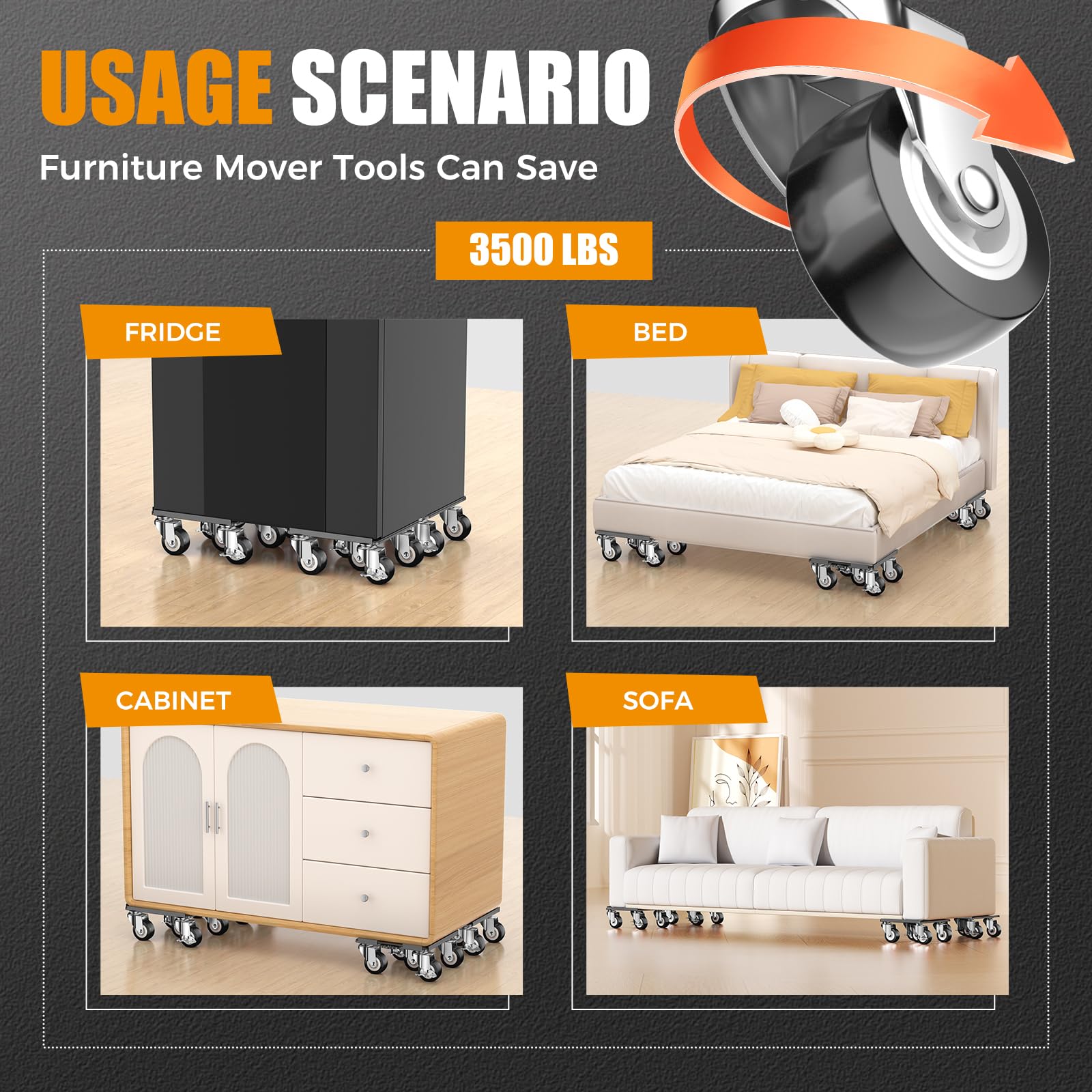 Set di Carrello e Accessori per trasloco mobili per carichi Pesanti da 2000 libbre (6,4 Pollici, Nero)