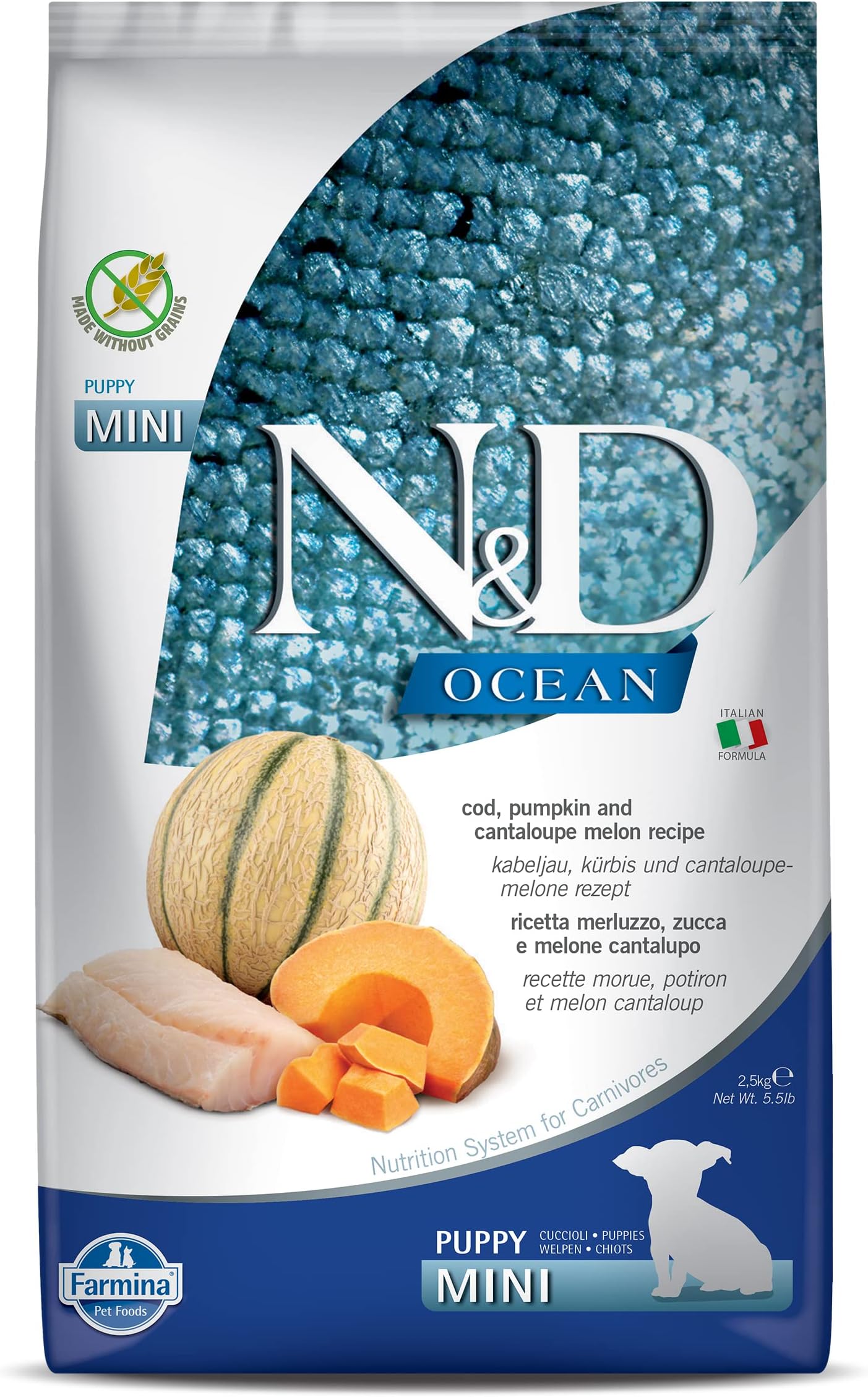 FARMINA N&D Ocean Puppy Dry Premium Pet Food, Grain Free, COD Pumpkin& Cantaloupe Melon, Puppy Mini Breed, 2.5kg